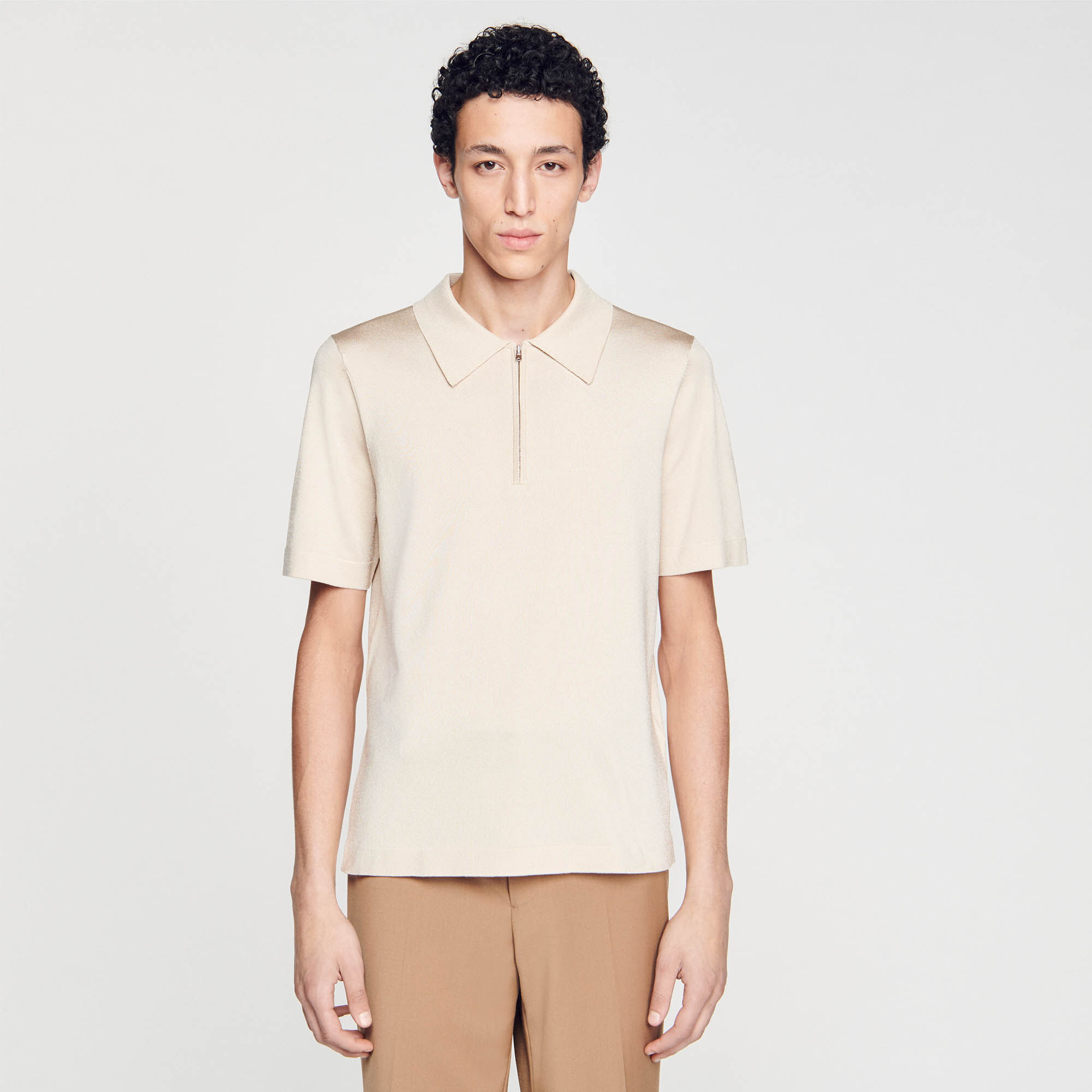 Knitted polo shirt with zip collar brown for Men | Sandro Paris