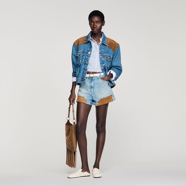 Riveted denim and suede shorts