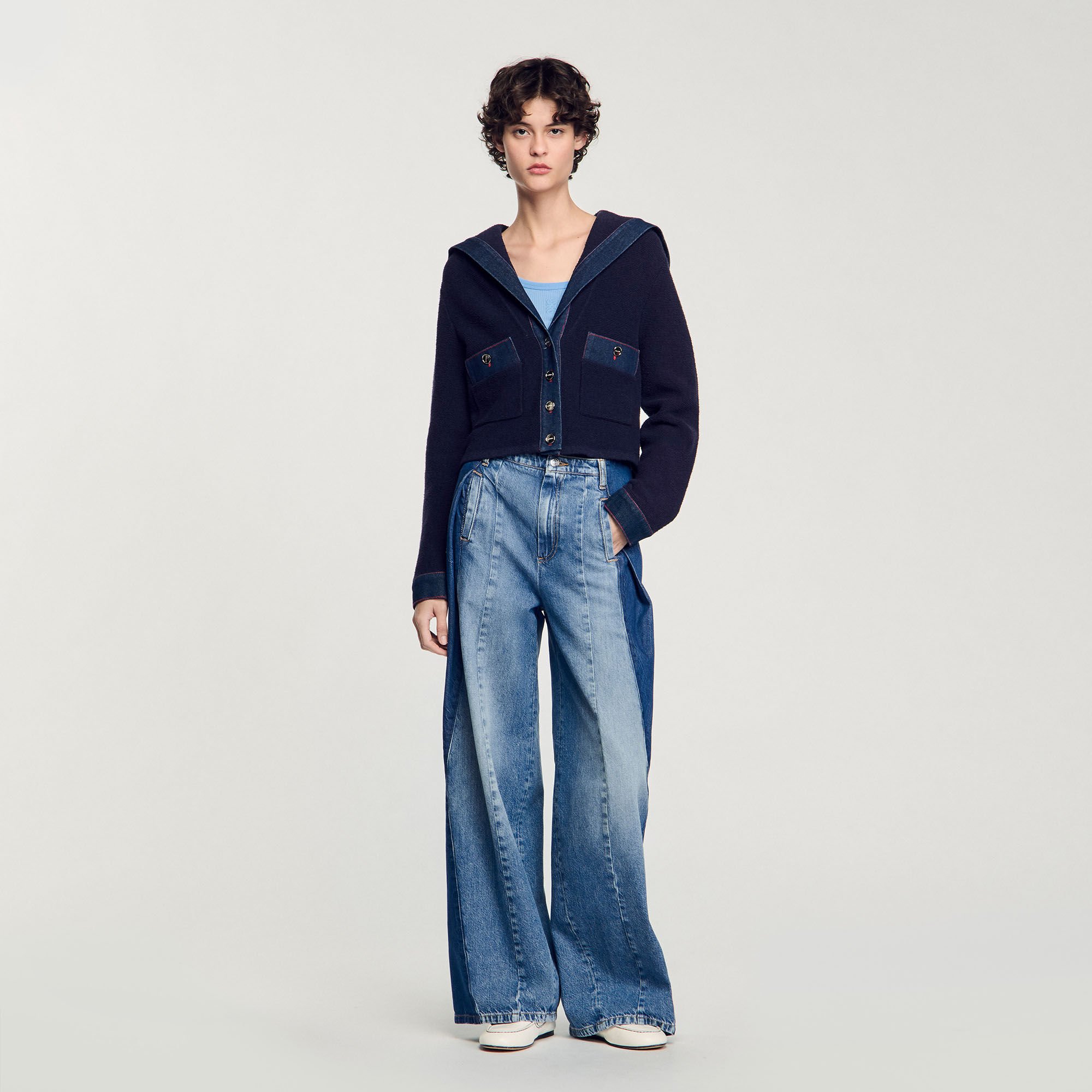 サンドロ　カーディガン Cardigan with denim details blue For Women | Sandro Paris