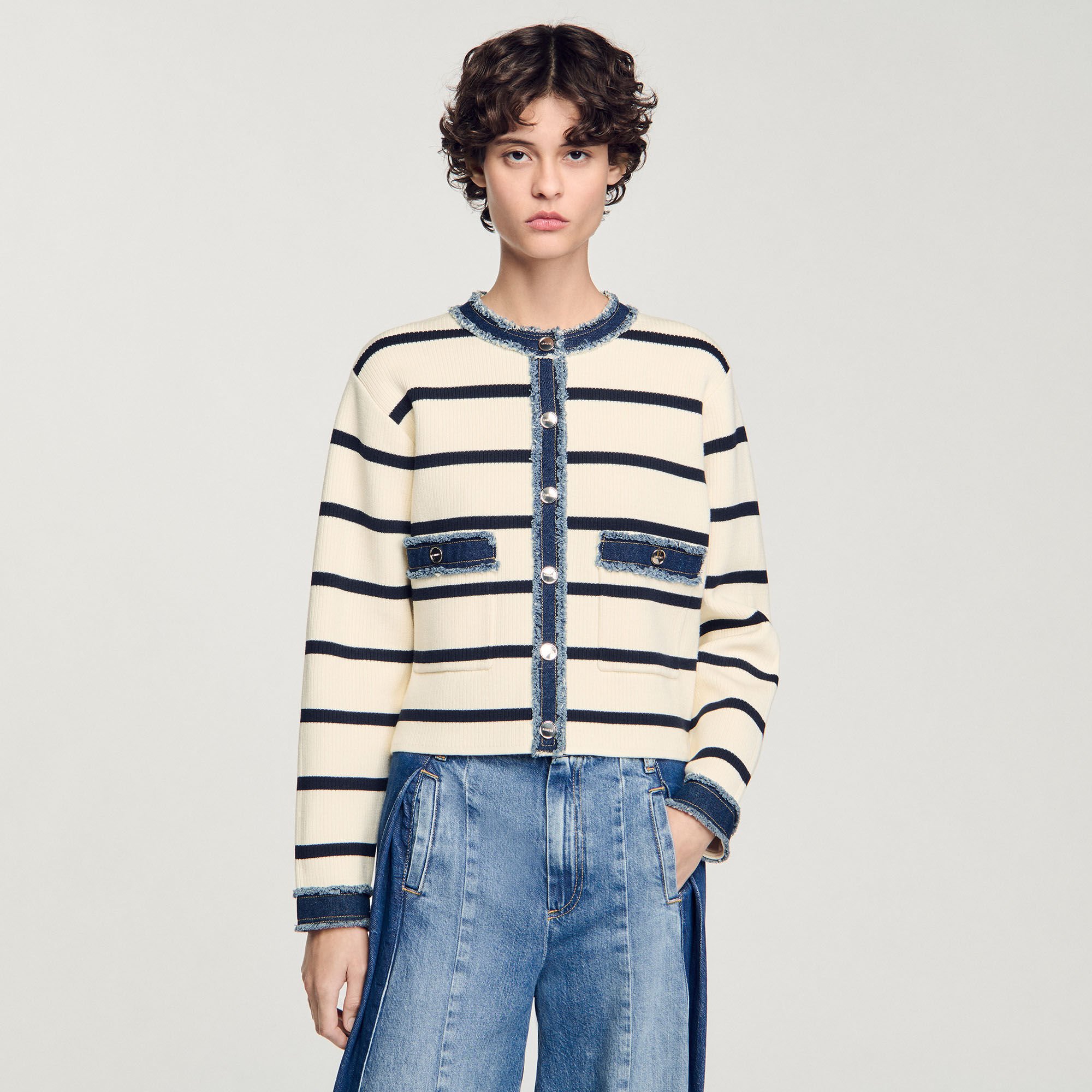 Stripy cardigan with denim details