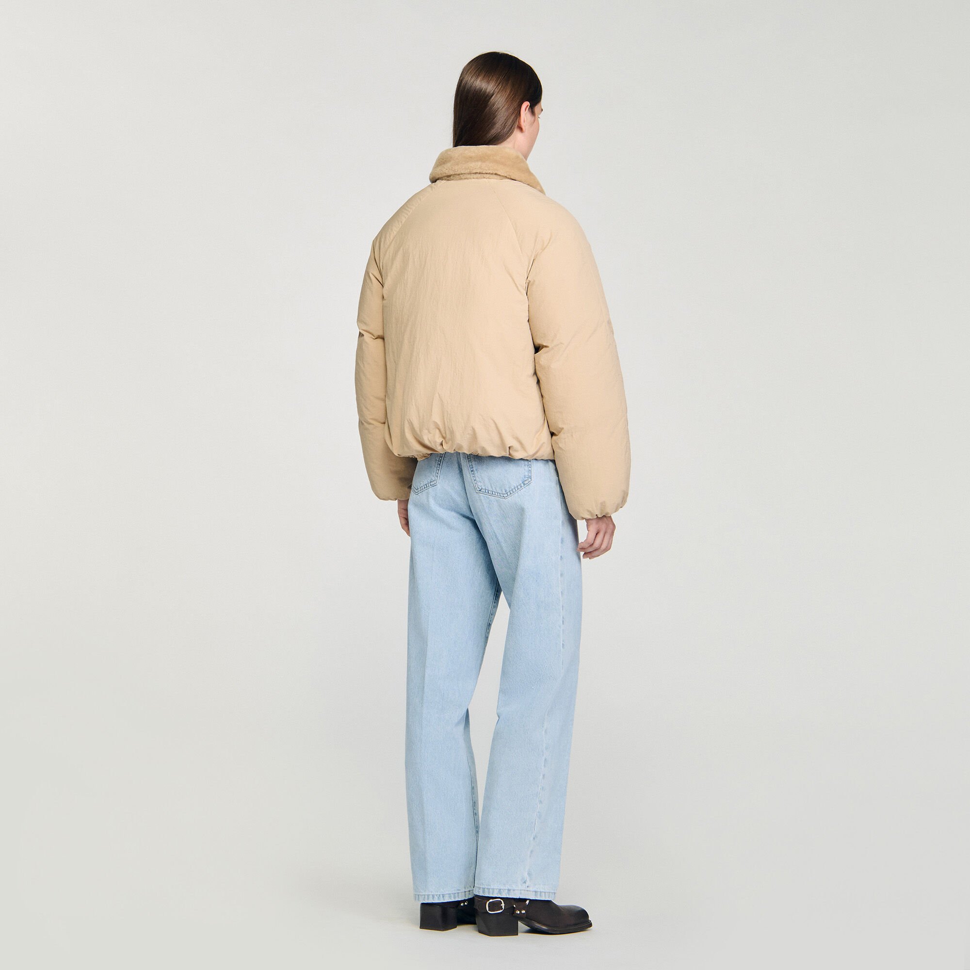 Puffer jacket with shearling collar