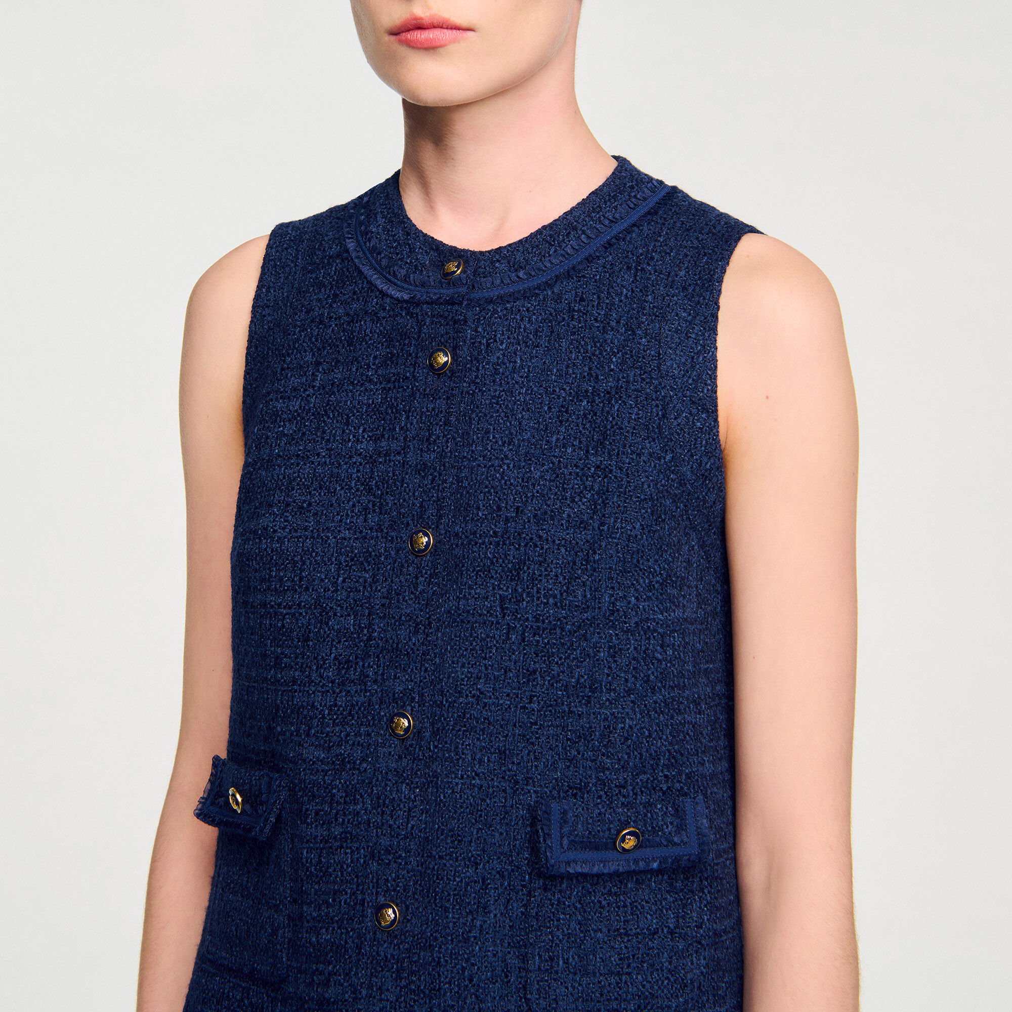 Gold button mini tweed dress
