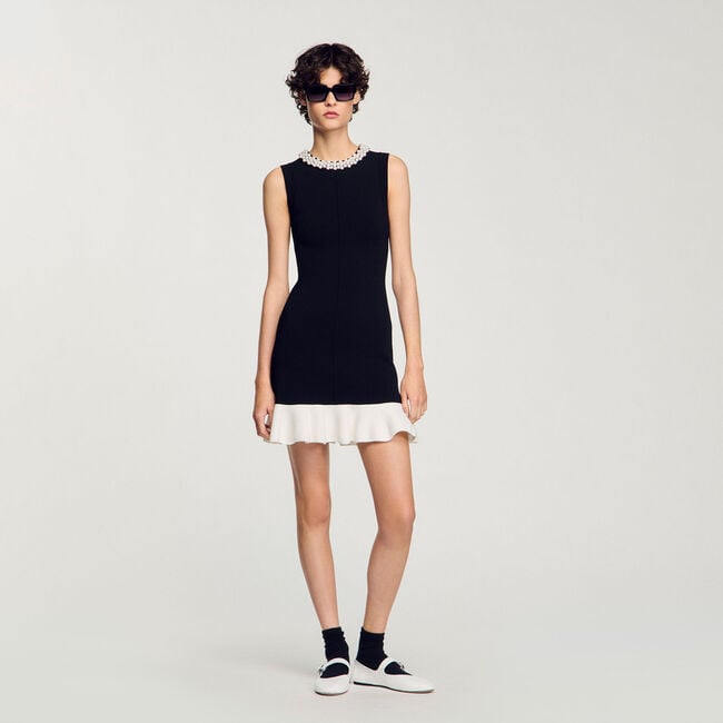Mini knit dress with beaded neck