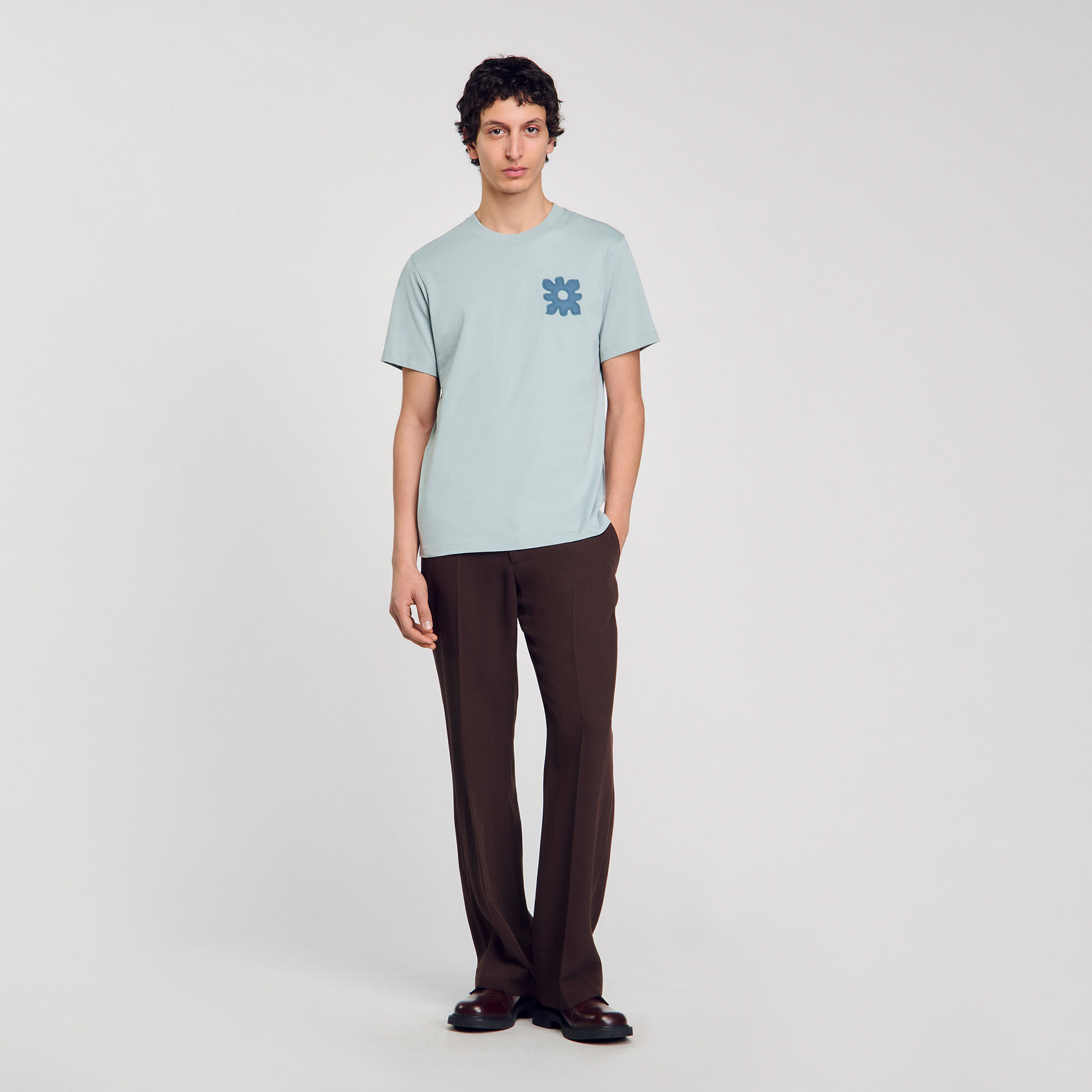 T-shirt with flower detail blue for Men | Sandro Paris