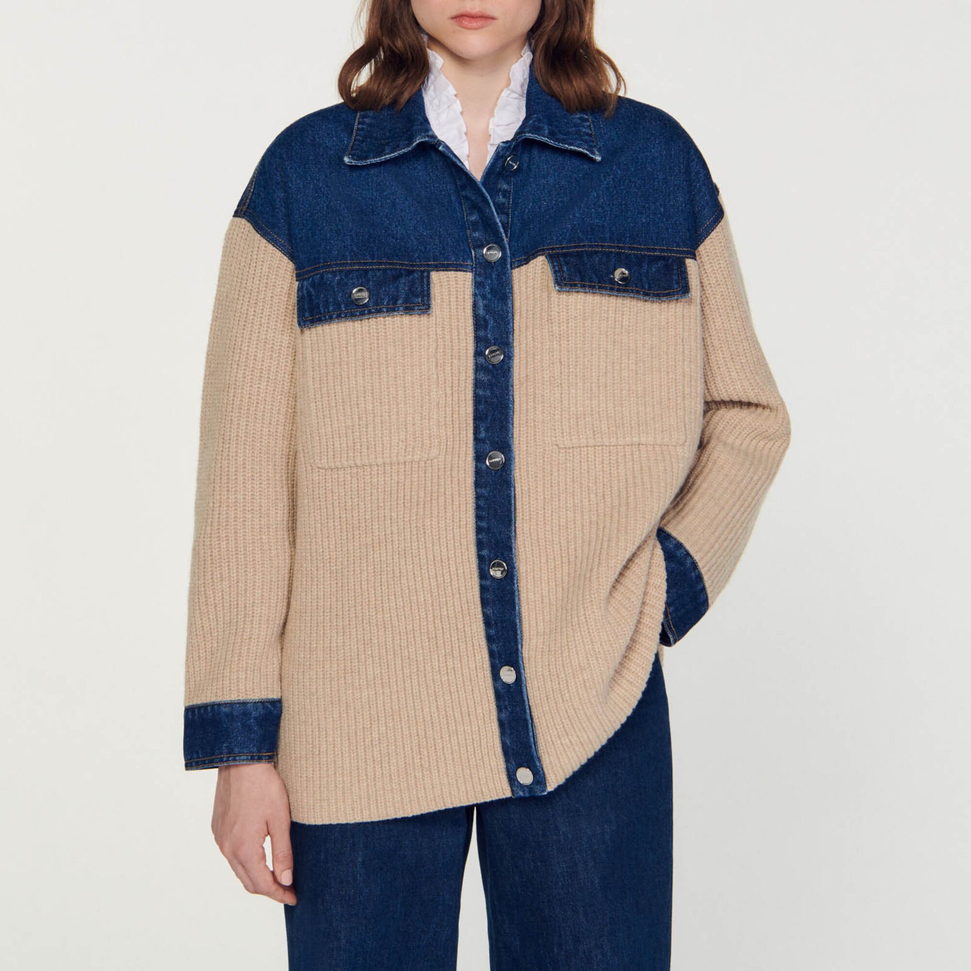 Knit and denim cardicoat