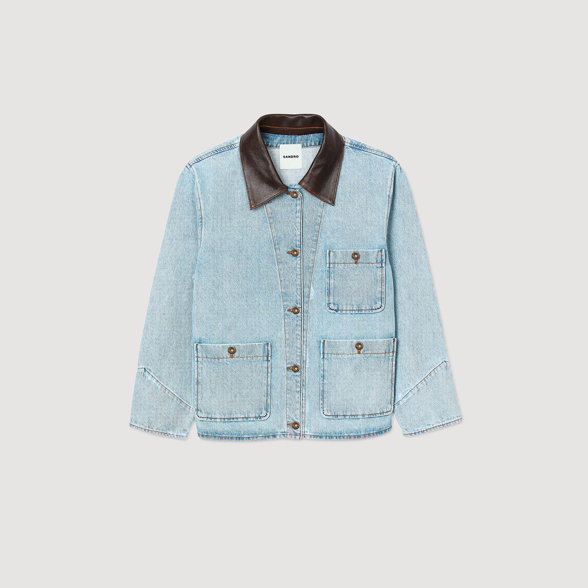 Denim jacket with leather collar For Women | Sandro Paris
