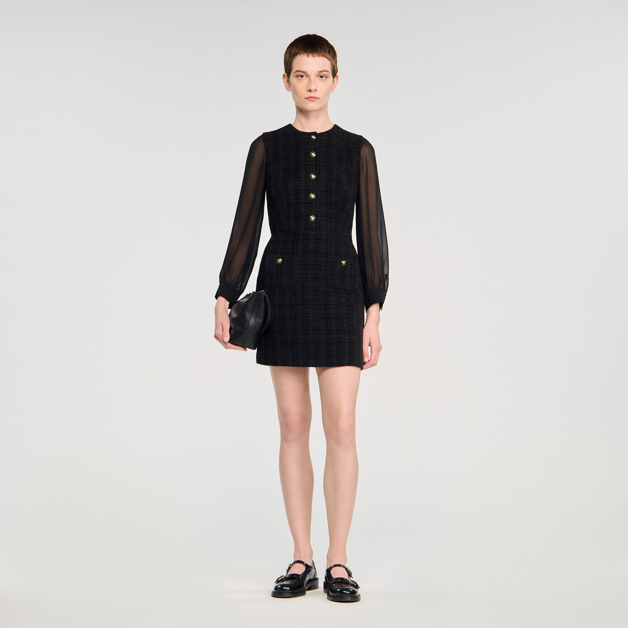Long-sleeved mini dress black / gray For Women | Sandro Paris