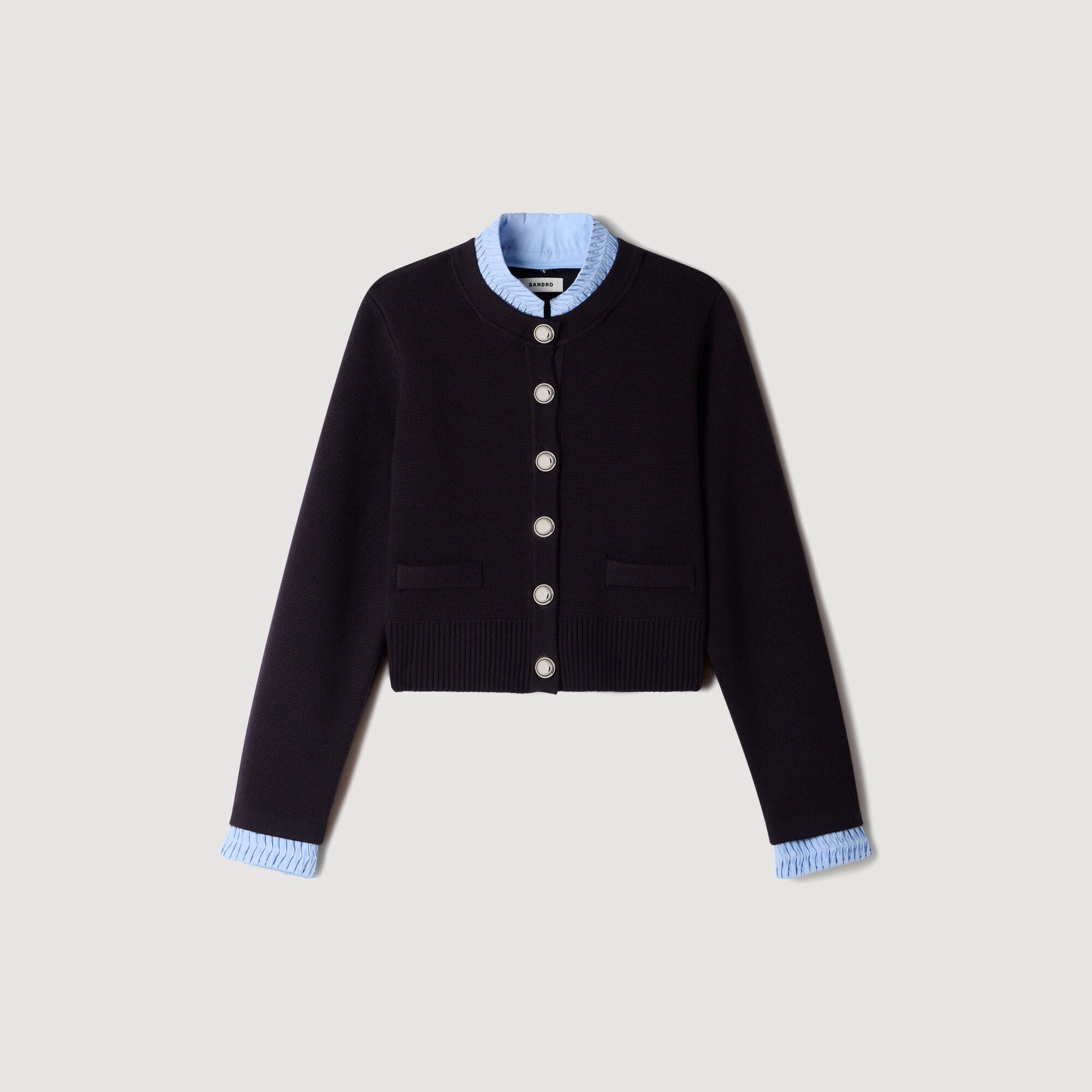 Two-tone origami collar cardigan in Navy Blue for Women | Sandro Paris