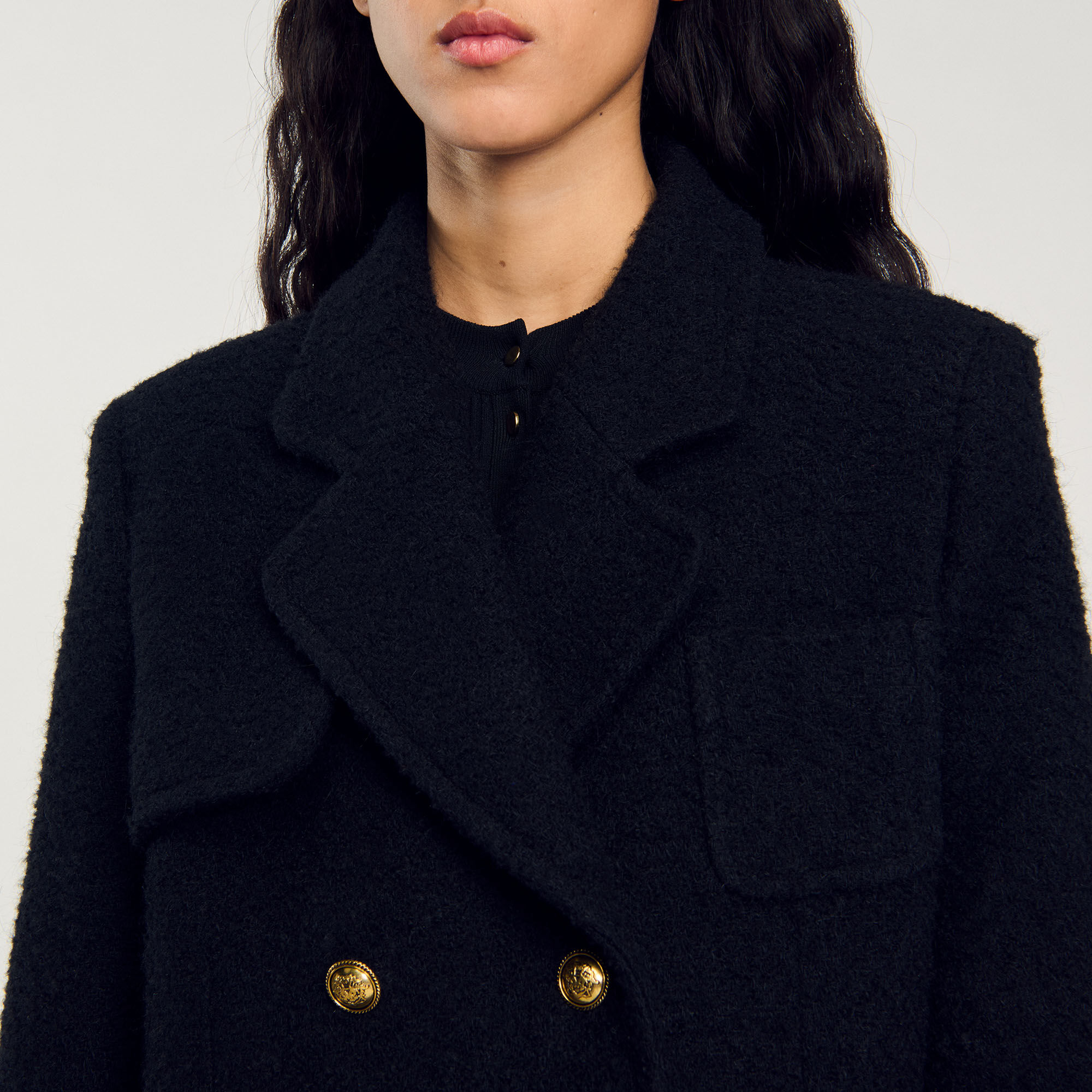 Long Double-Breasted Coat black / gray For Women | Sandro Paris Long Double-Breasted Coat black / gray For Women | Sandro Paris