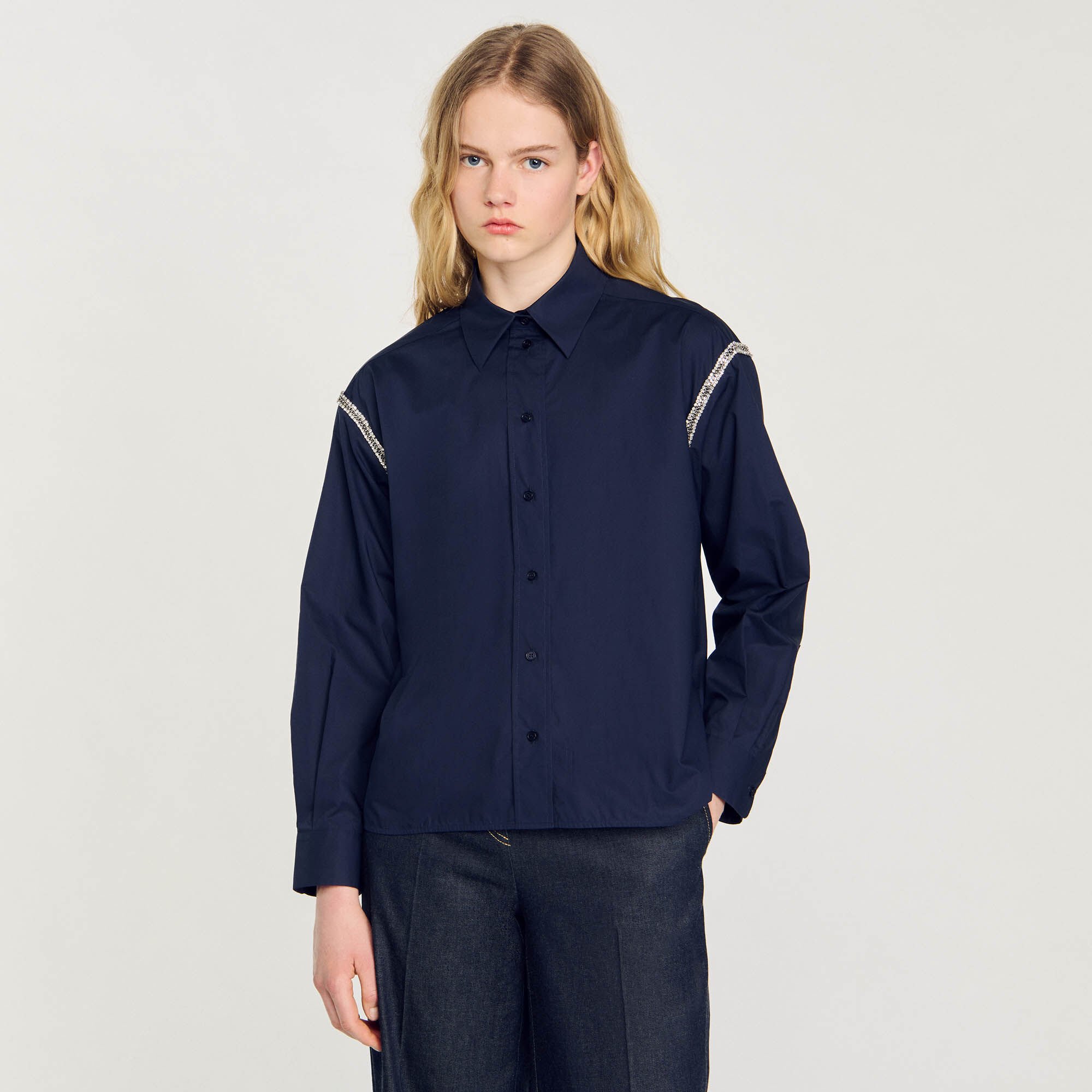 Denim shirt with rhinestones