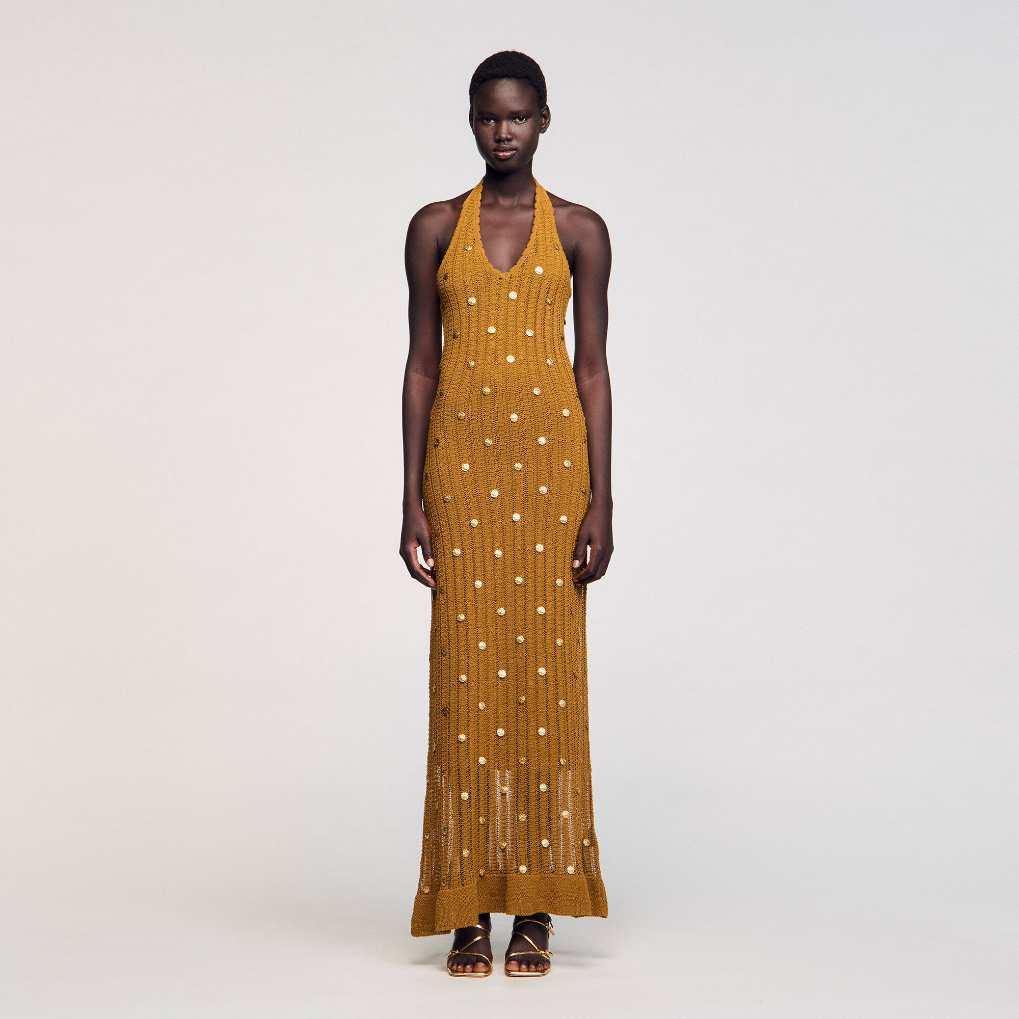 Maxi knit dress with fringes green For Women | Sandro Paris