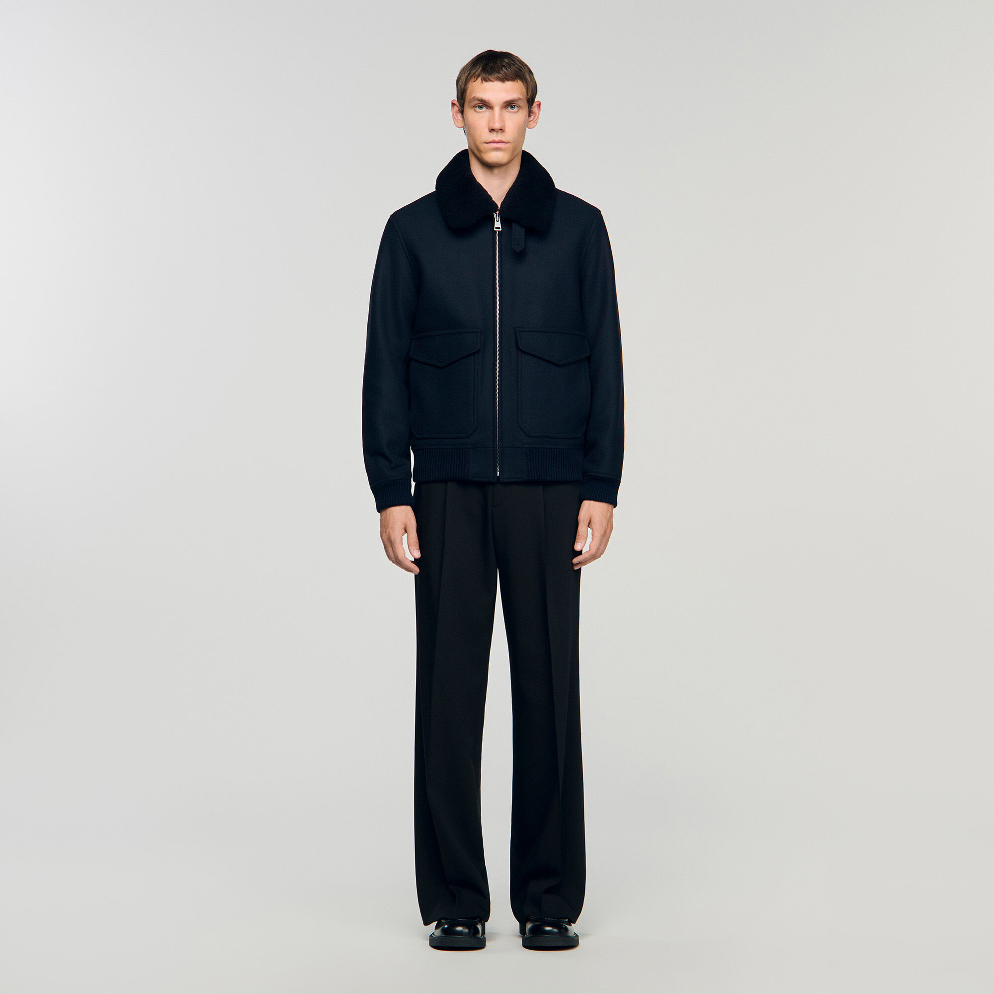 Wool aviator jacket with shearling blue for Men | Sandro Paris