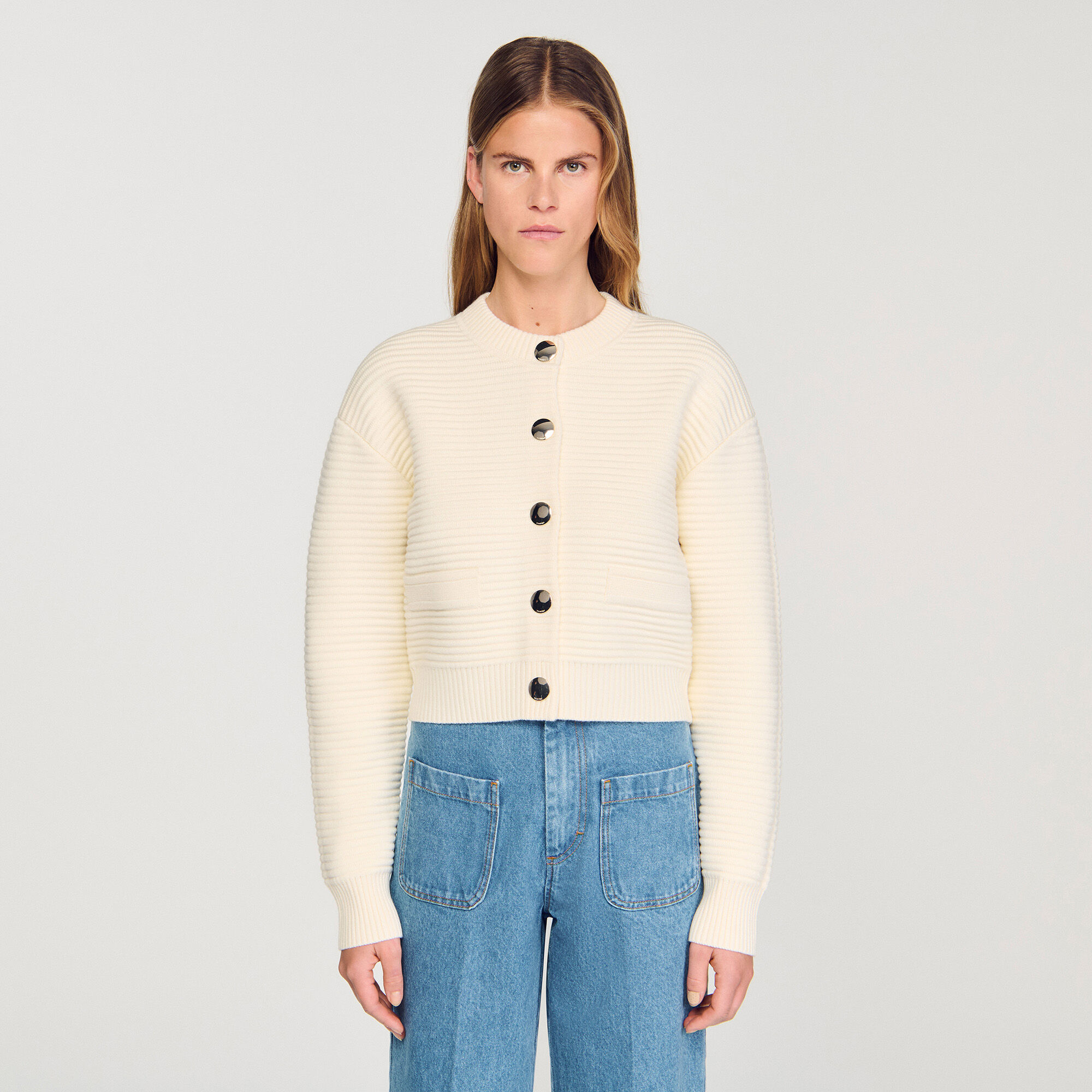 Textured knit cardigan white / beige For Women | Sandro Paris