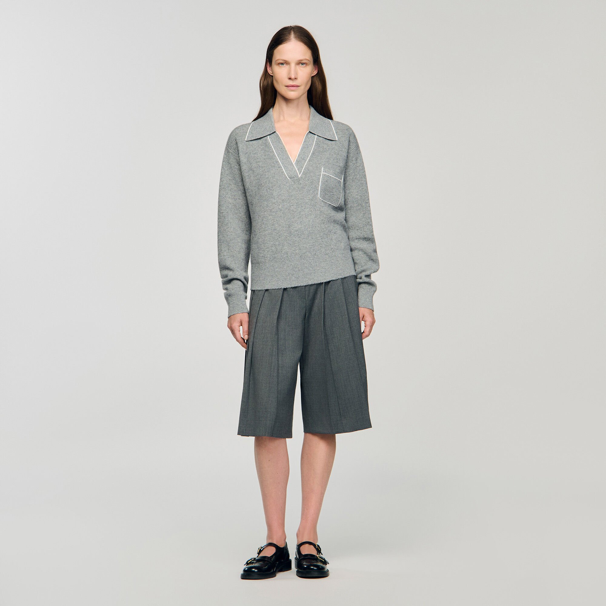 Open Polo-Collar Neck Sweater