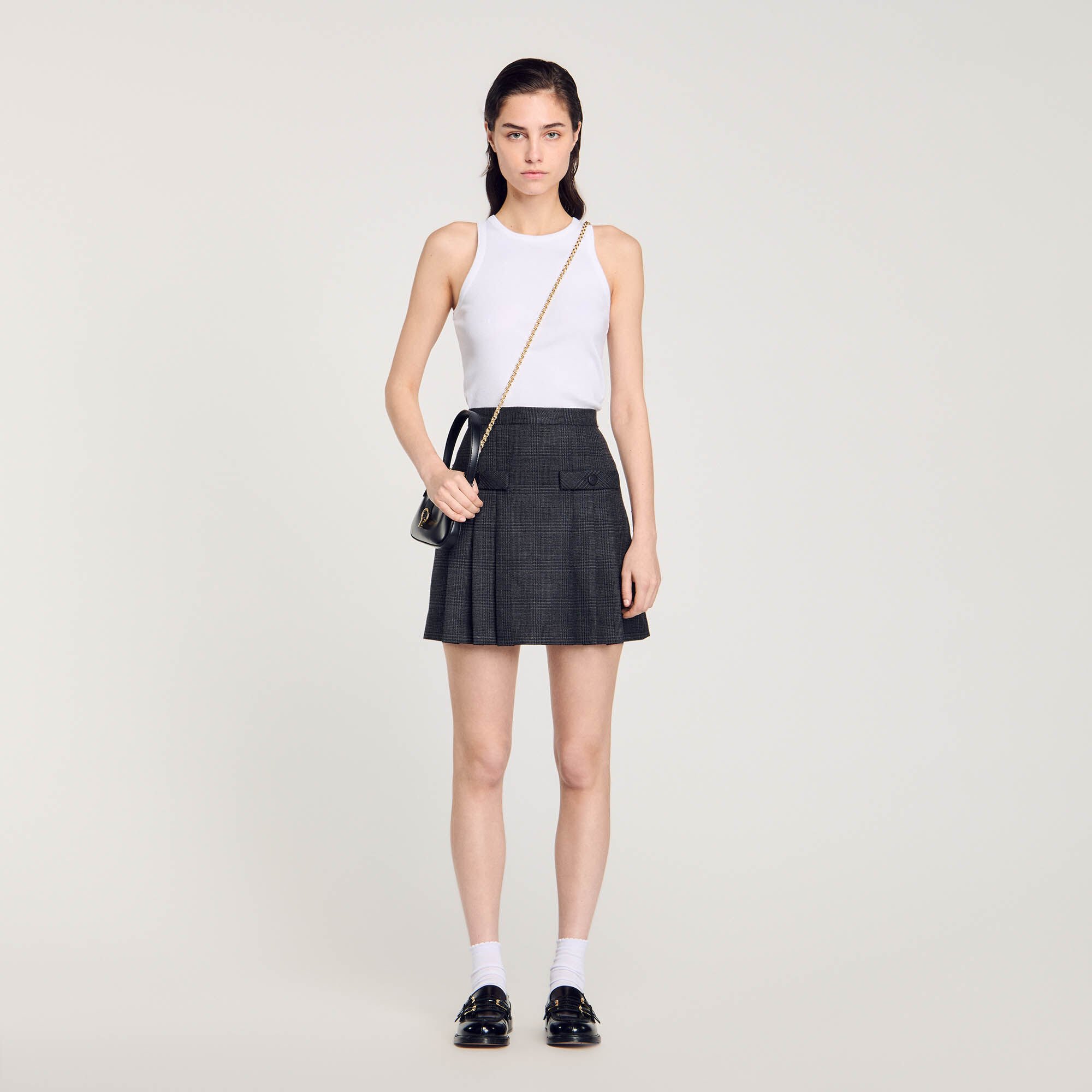 Short checked pleated skirt black / gray For Women | Sandro