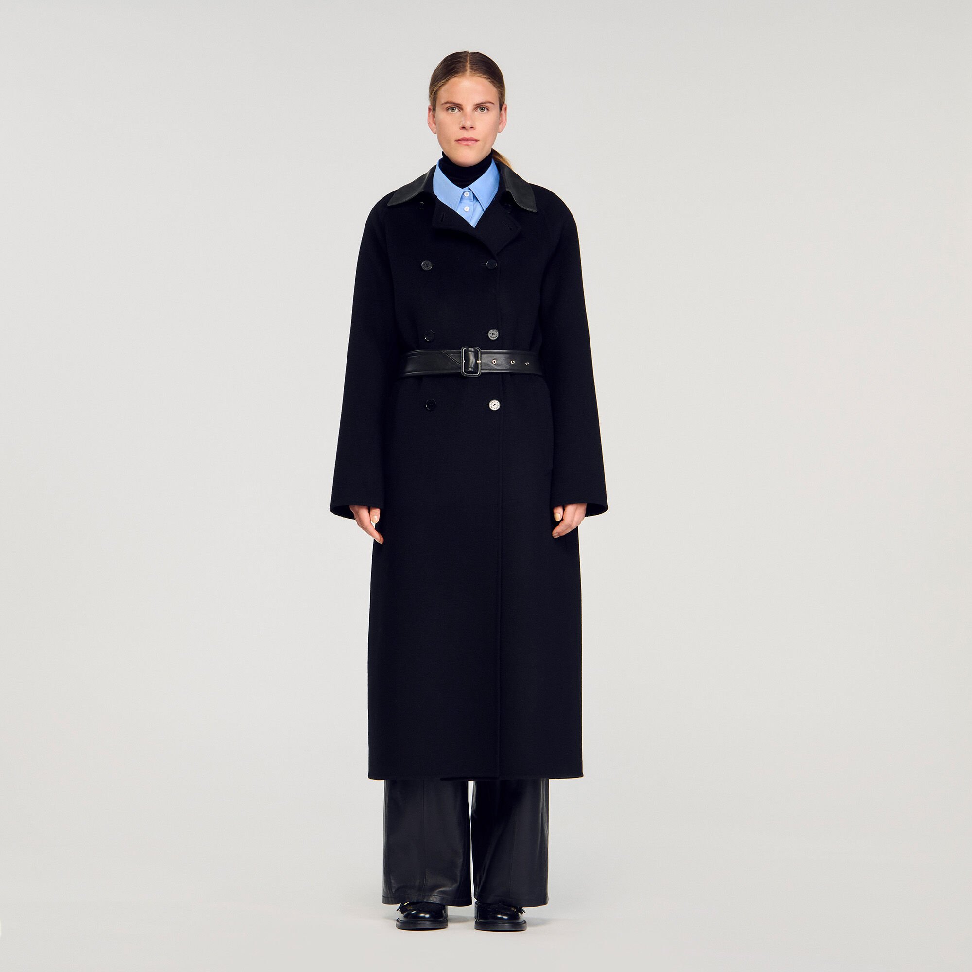 Long wool and leather coat