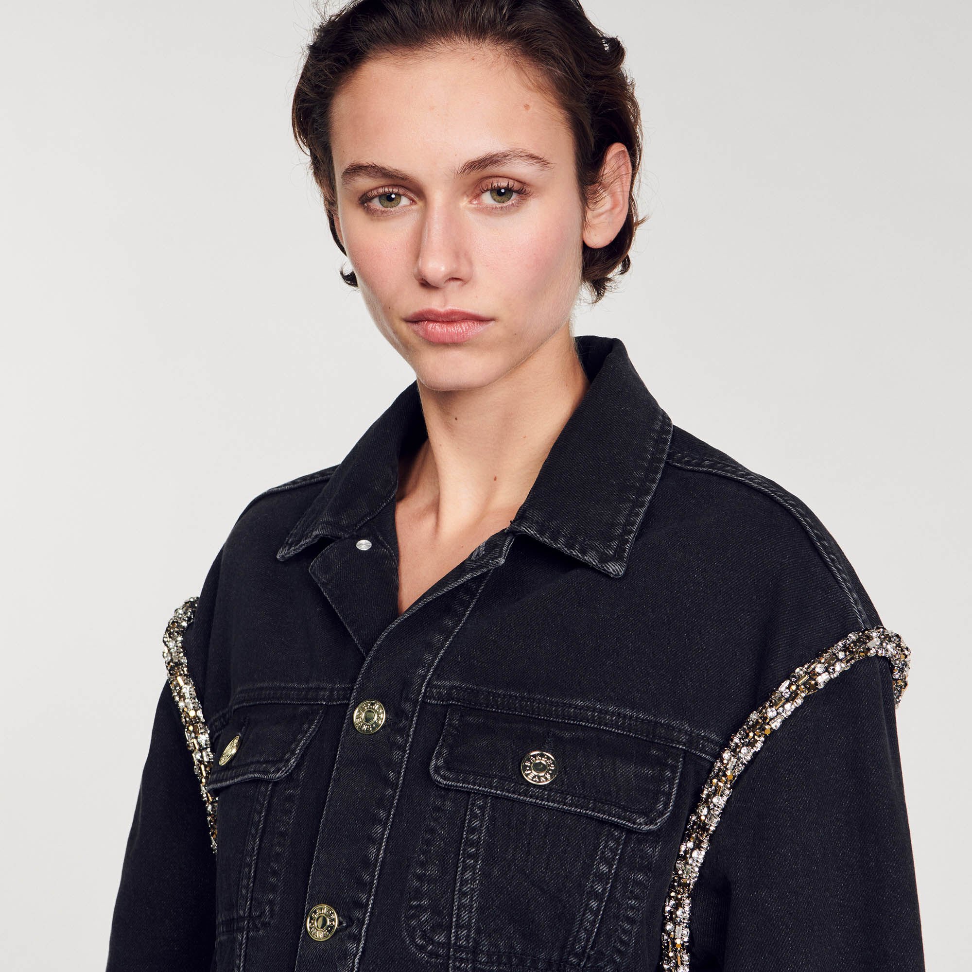 Oversized denim jacket with rhinestones
