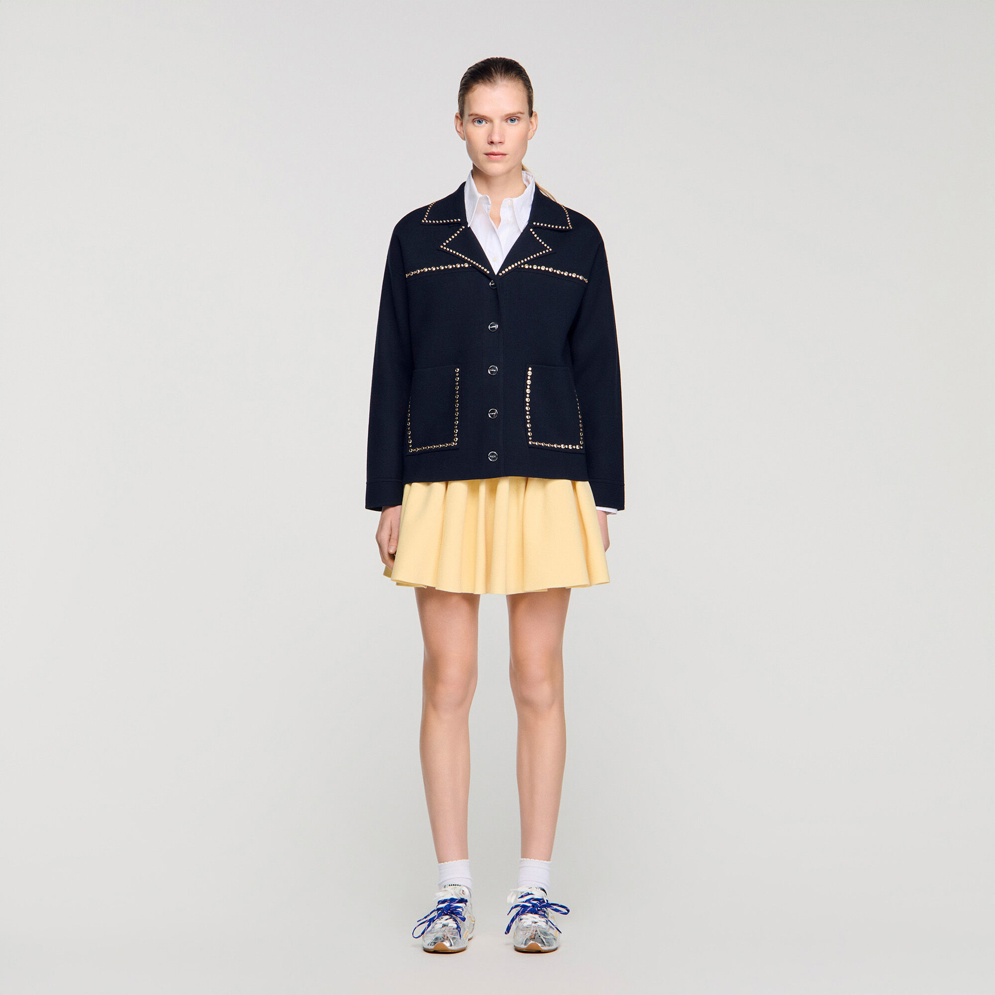 Studded blazer collar cardigan blue For Women | Sandro Paris