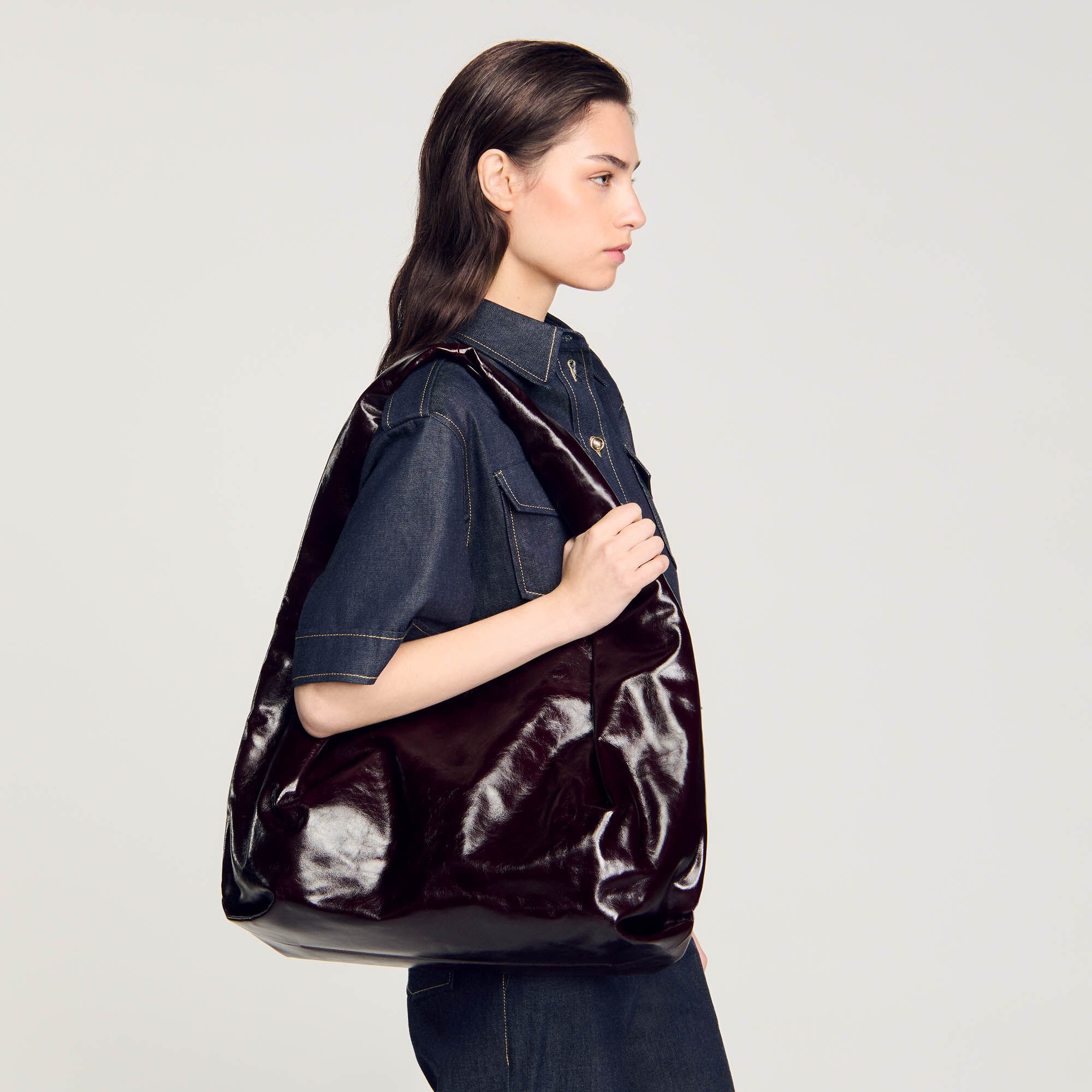 Large shiny leather bag