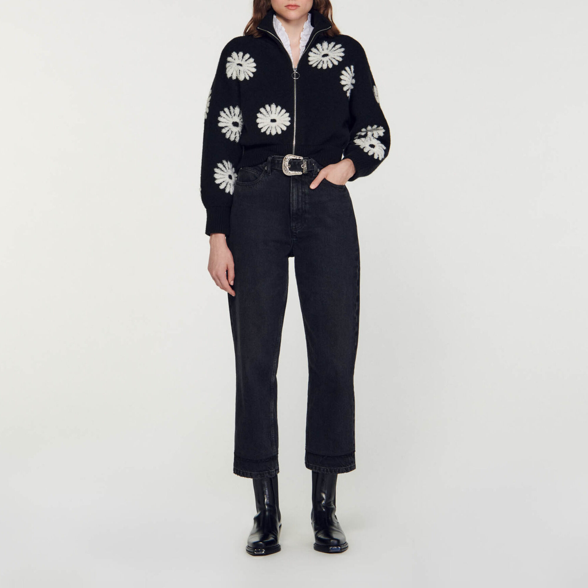 Floral trucker-style sweater