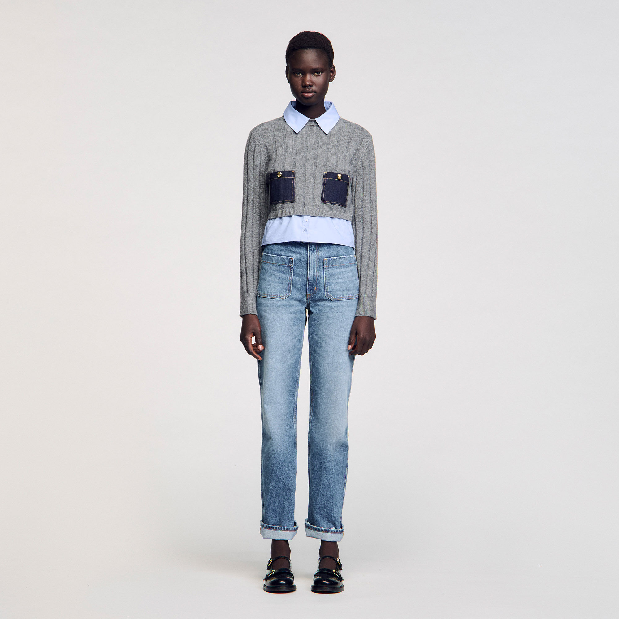 Cropped wool and cashmere sweater black / gray For Women | Sandro