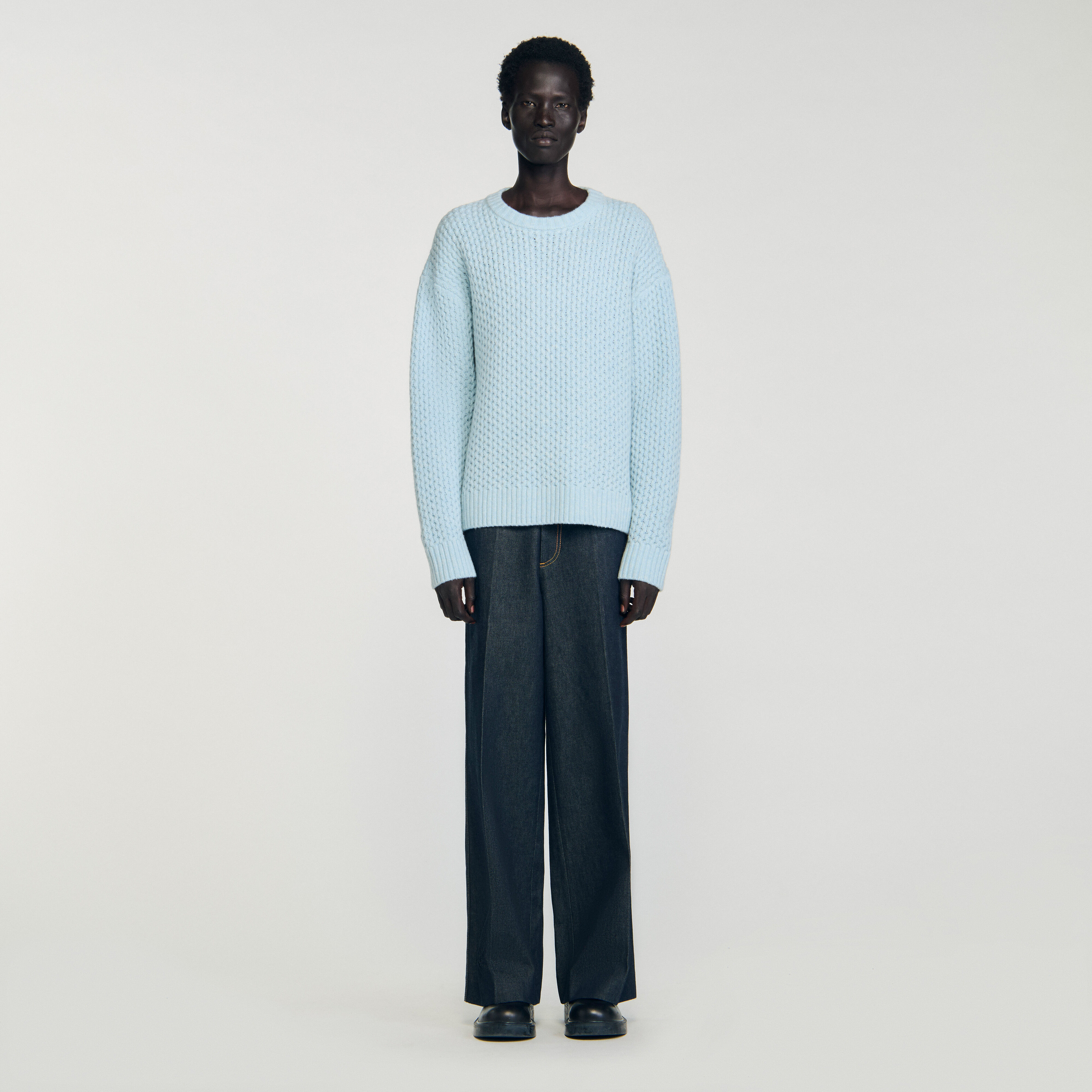 Honeycomb stitch wool sweater in Sky Blue for Men | Sandro Paris