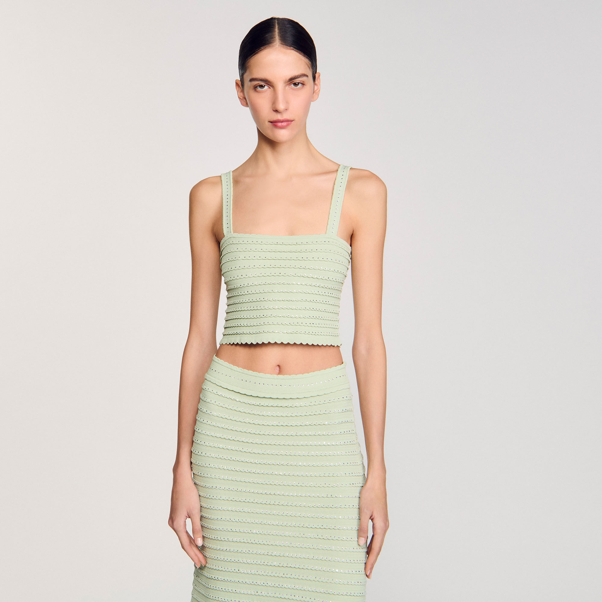 Rhinestone knit crop top green For Women | Sandro Paris Rhinestone knit crop top green For Women | Sandro Paris