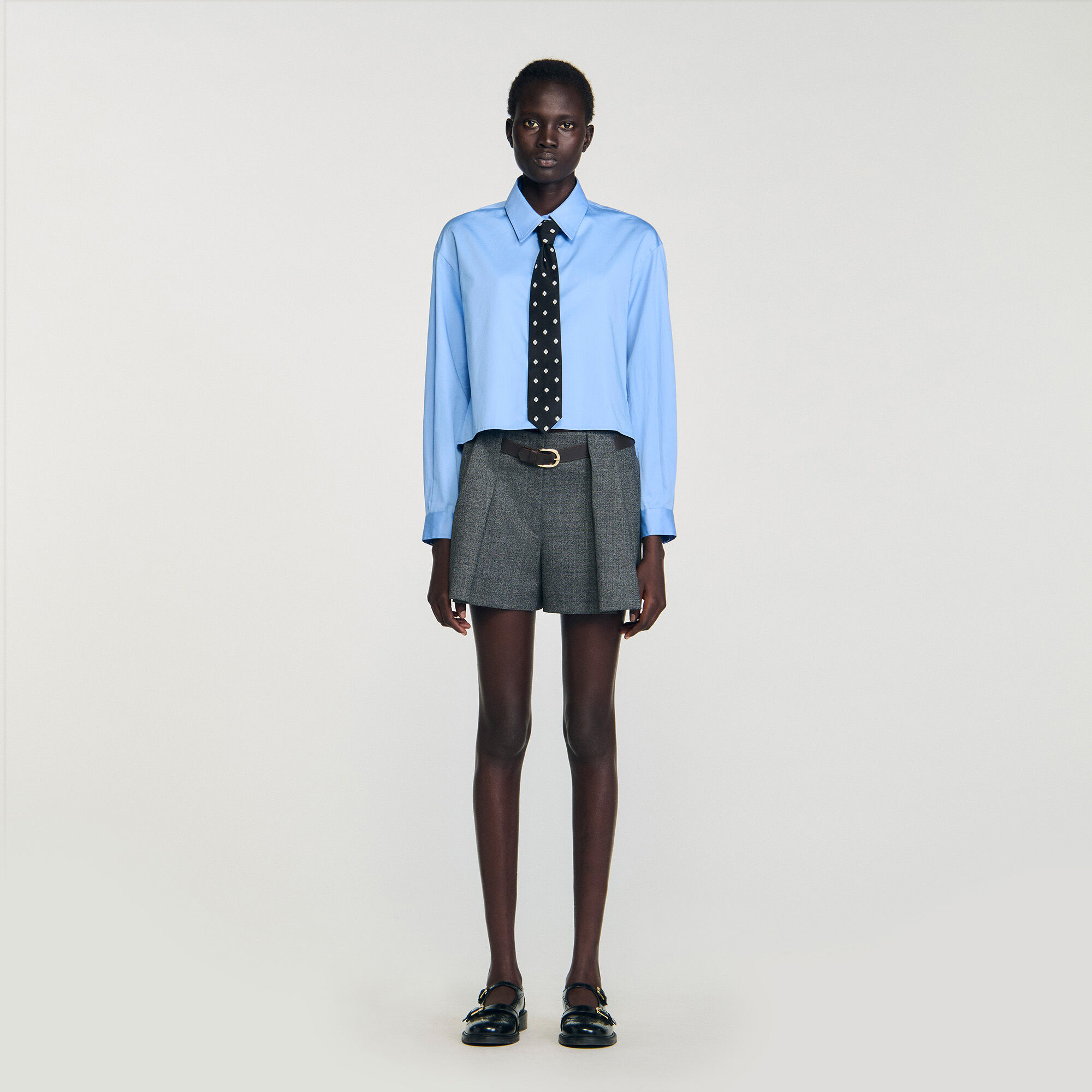 Cropped shirt with detachable tie blue For Women | Sandro Paris