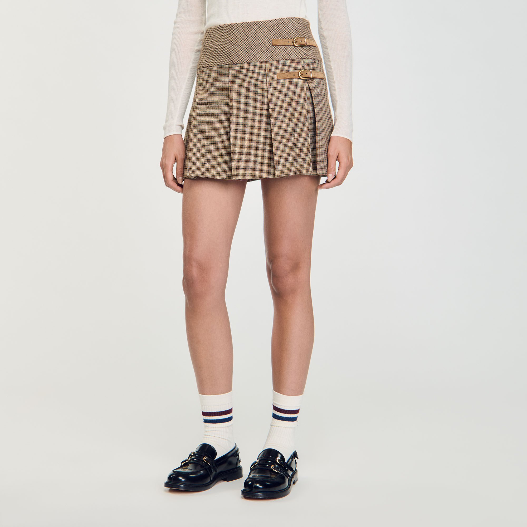Pleated micro houndstooth skirt
