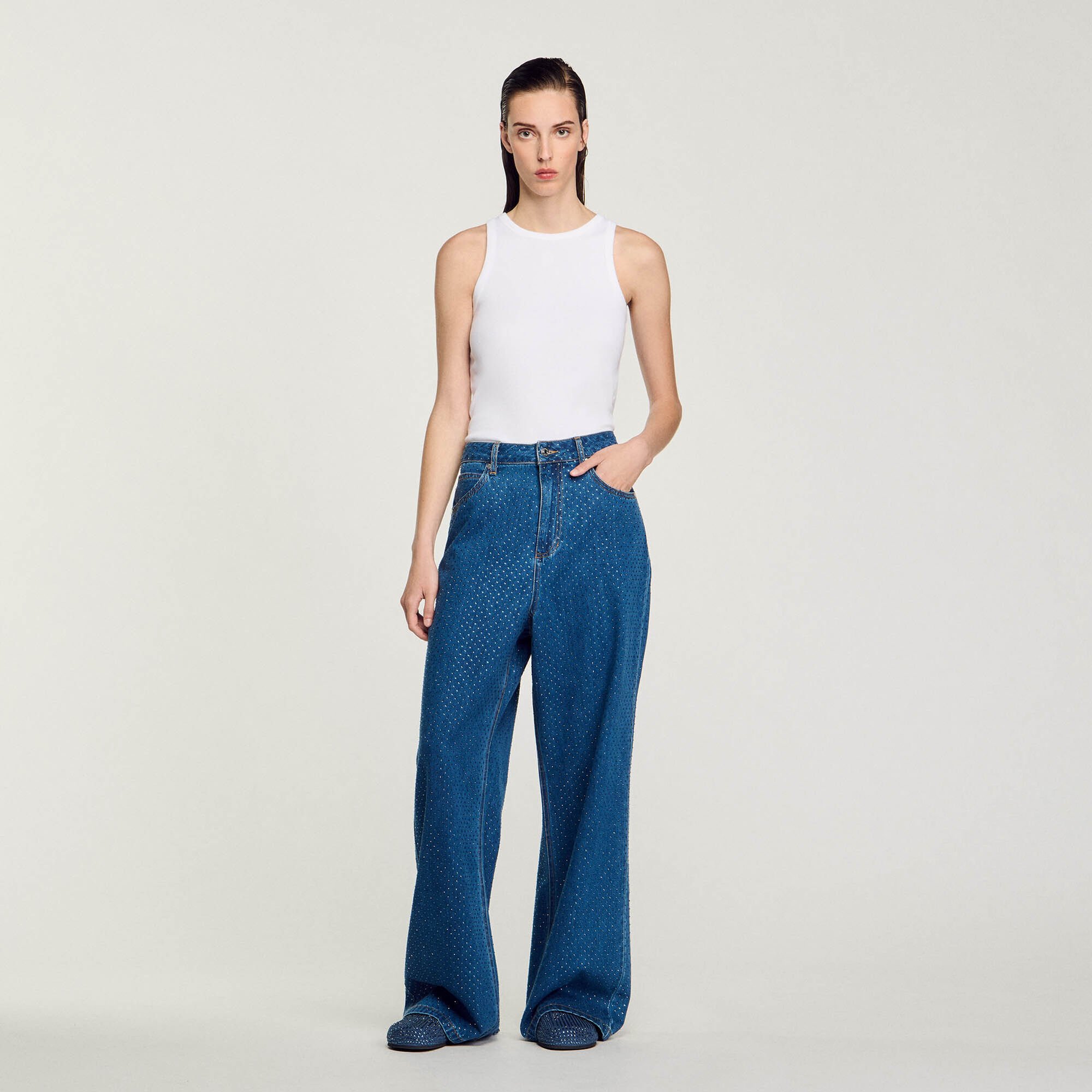Wide-leg rhinestone jeans