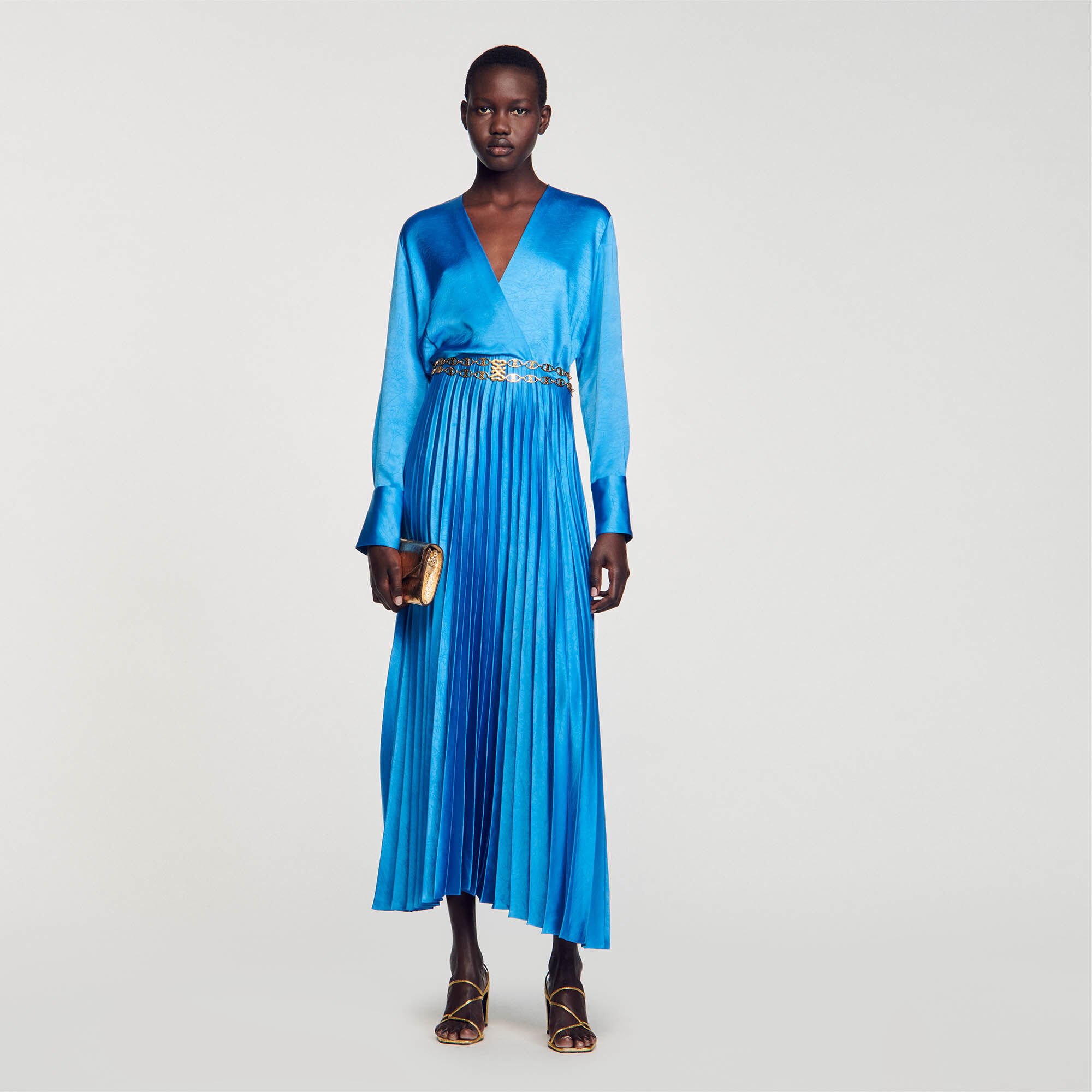 Pleated Satin-Effect Maxi Dress Blue | Sandro Paris