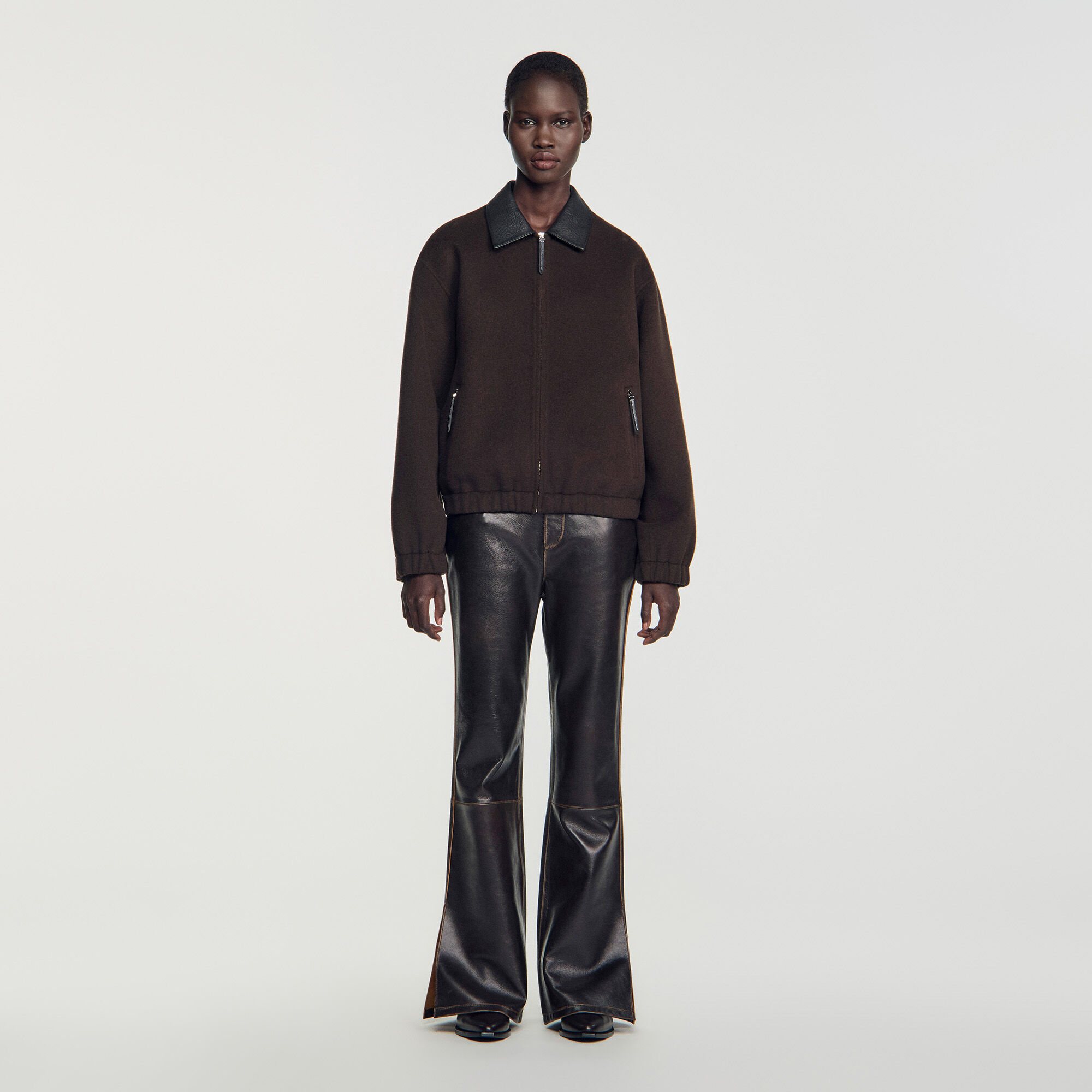 Double-faced leather collar jacket in Black Brown for Women