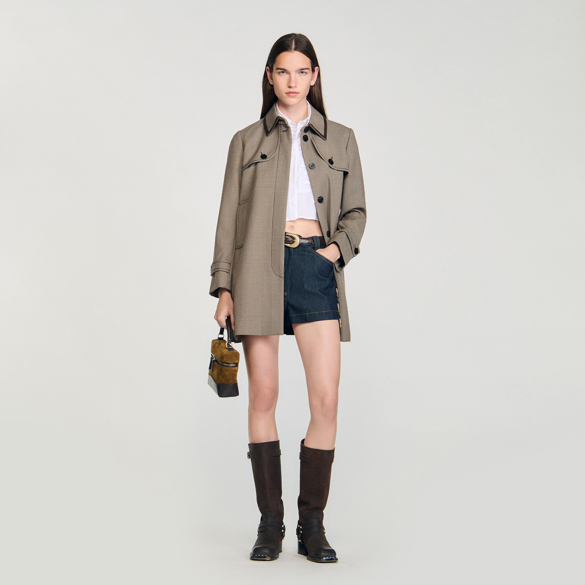 Houndstooth trench, leather collar Houndstooth trench, leather collar
