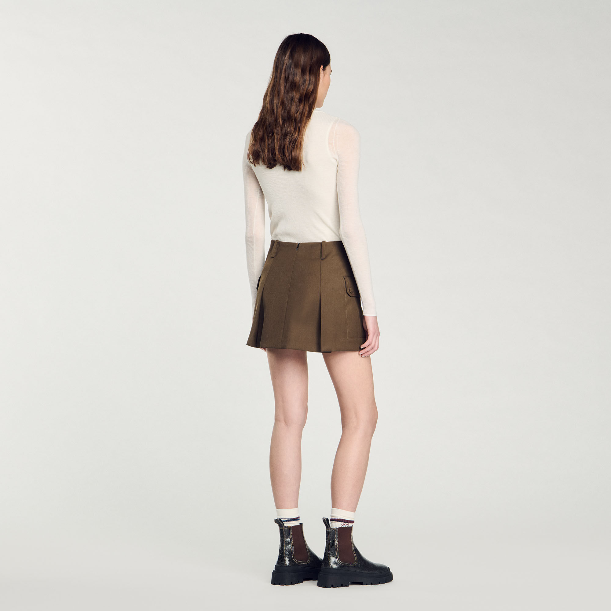 【海外限定】Sandroスカート☆Button-up side-pocket stretch-wo Satin short skirt blue For Women | Sandro Paris