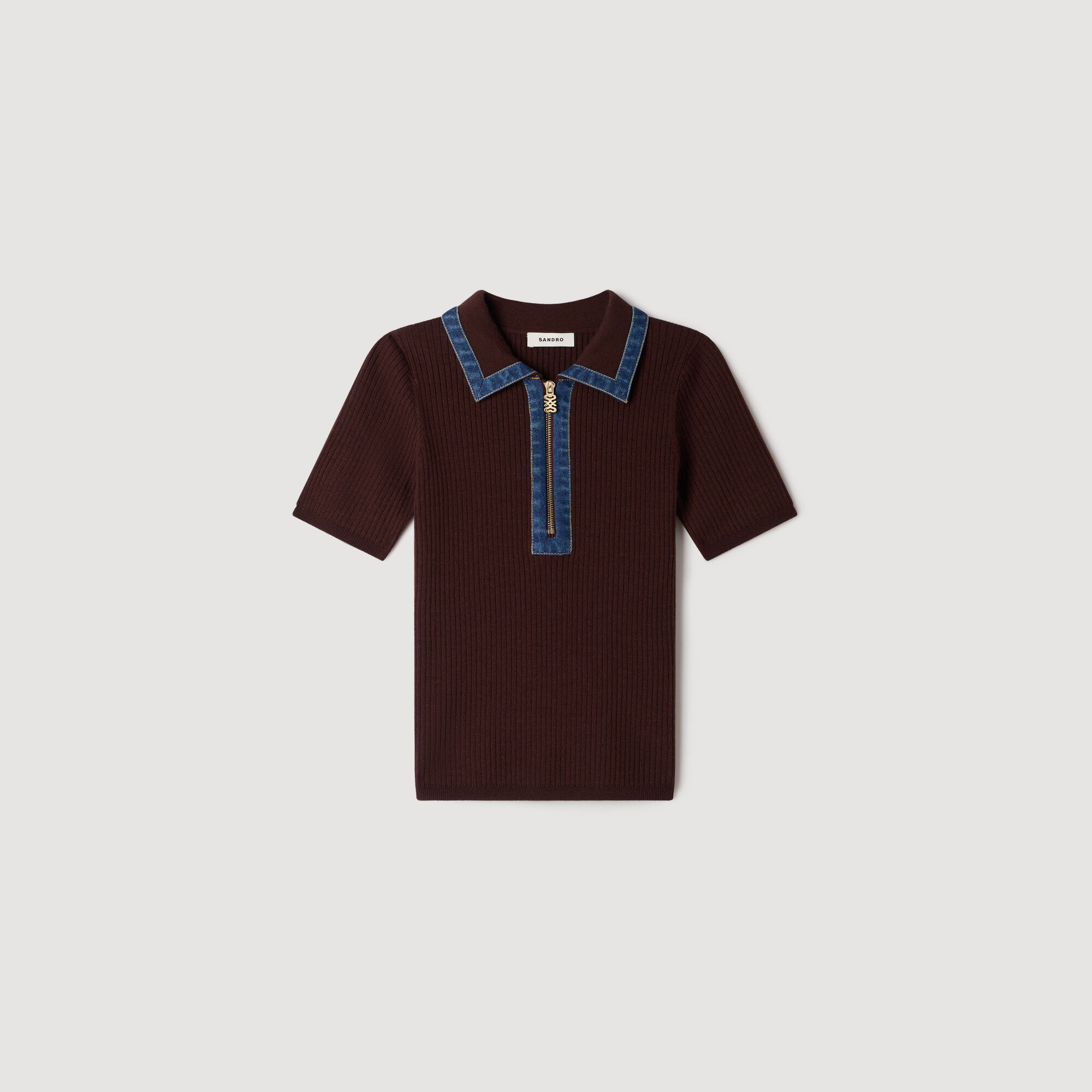 Polo Sweater with Denim Collar in Brown for Women | Sandro Paris