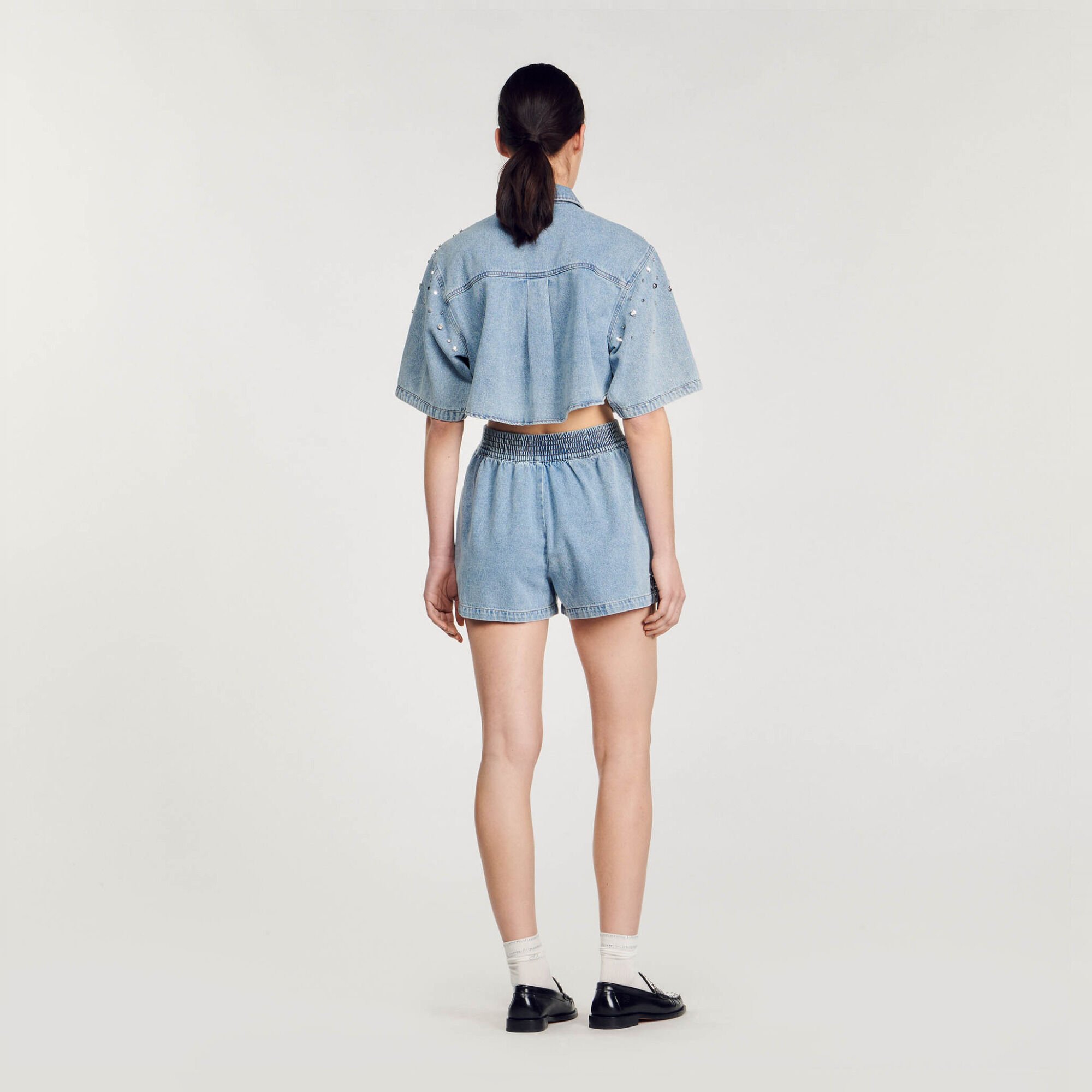 Wide-leg rhinestone denim shorts