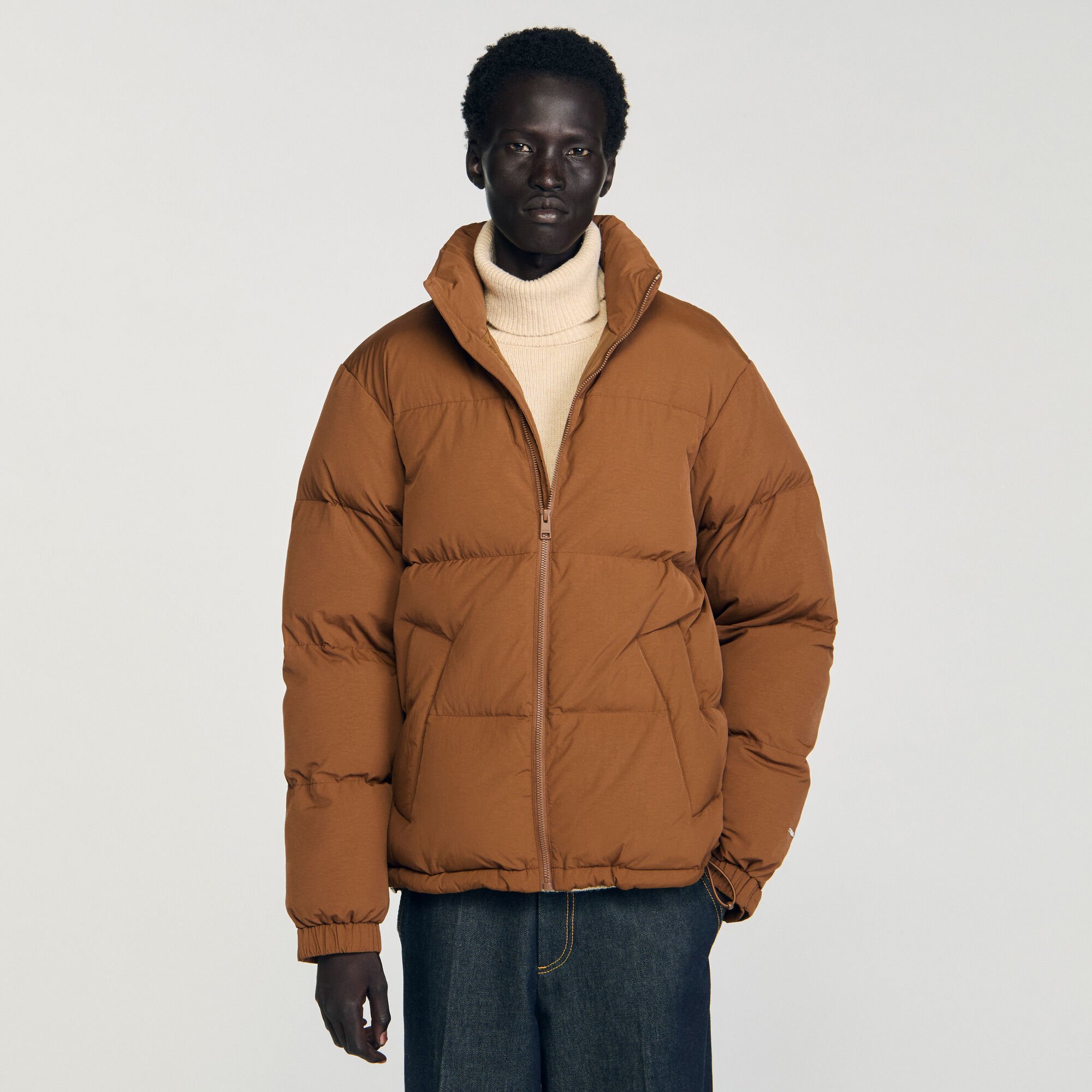 Hooded puffer with high collar