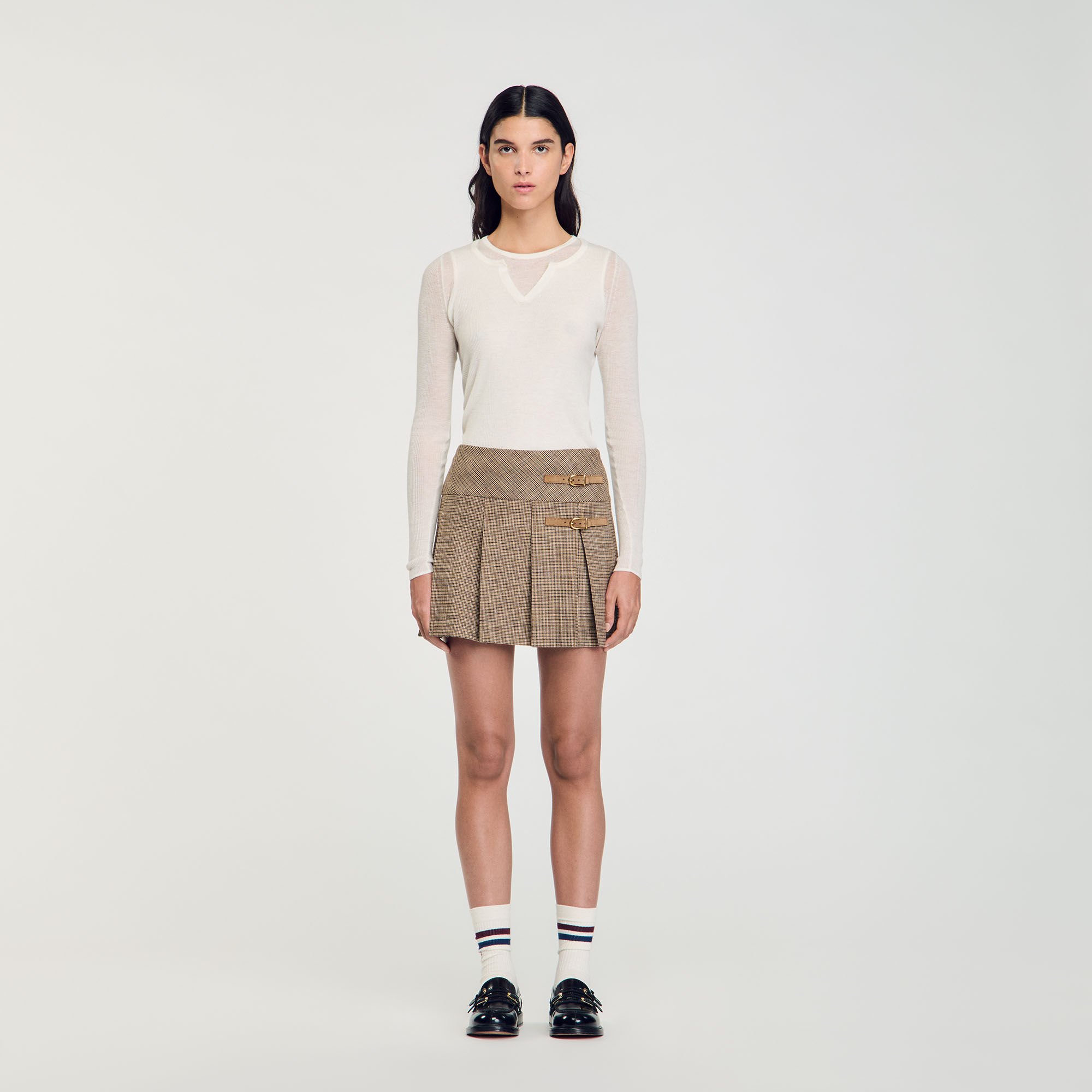 Pleated micro houndstooth skirt