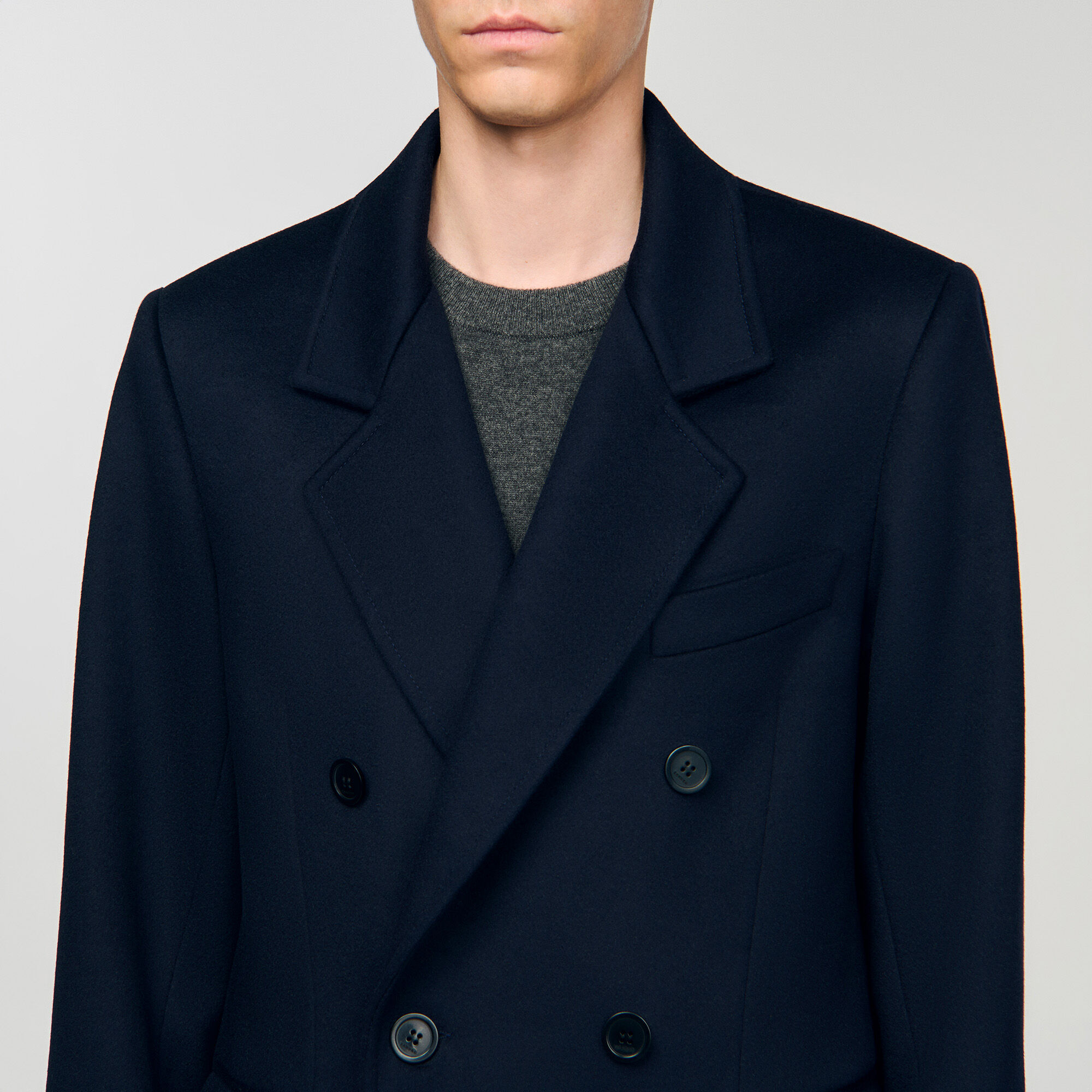 Double-breasted wool coat in Navy Blue for Men | Sandro Paris