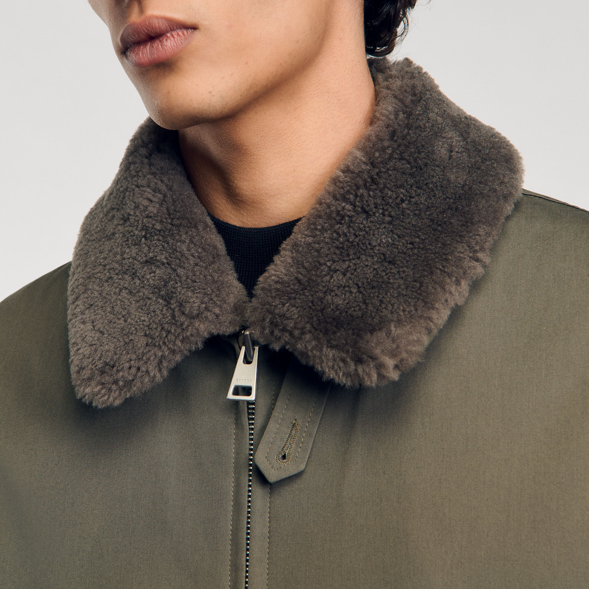 Fur collar jacket green for Men | Sandro Paris