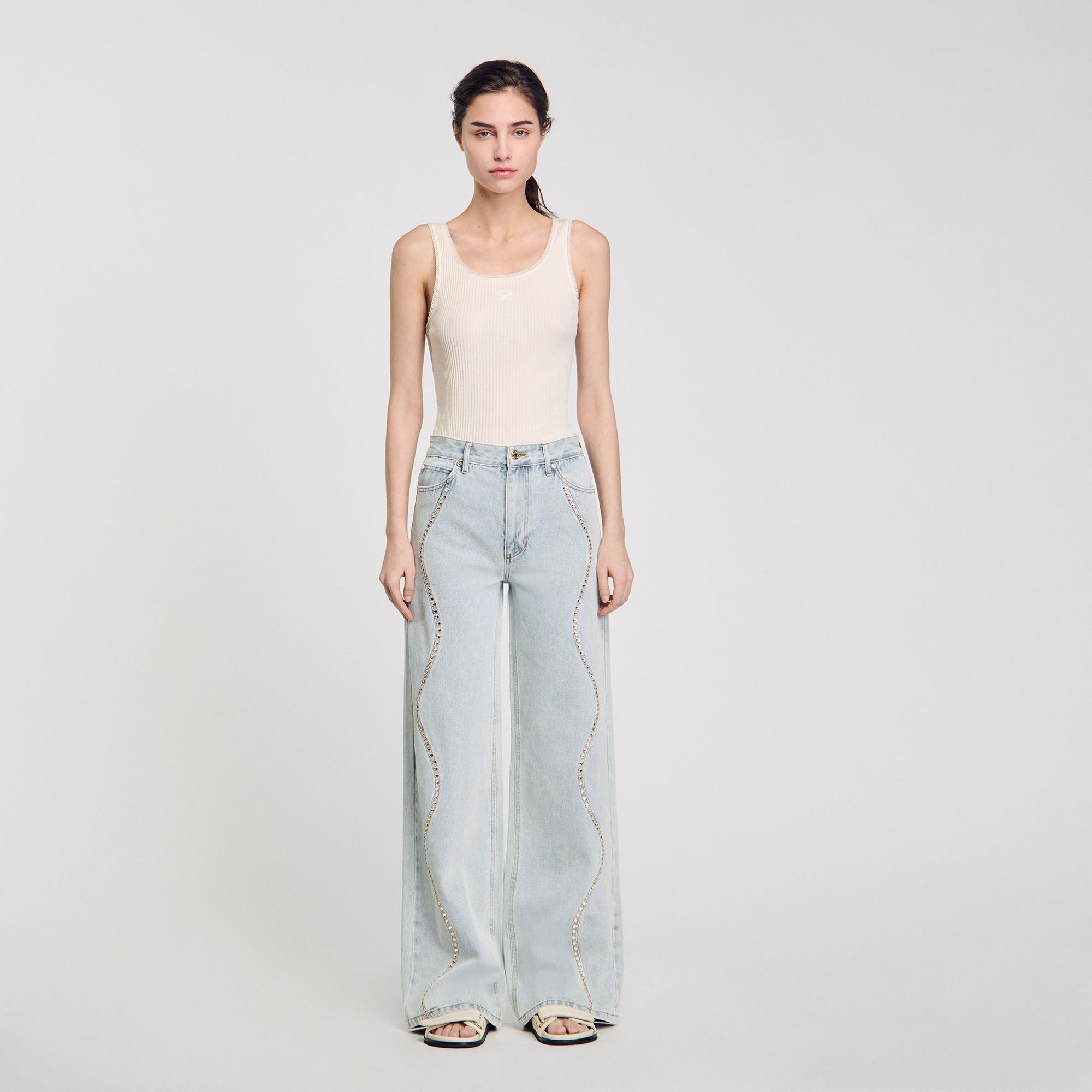 Jeans with rhinestone stripes For Women | Sandro Paris