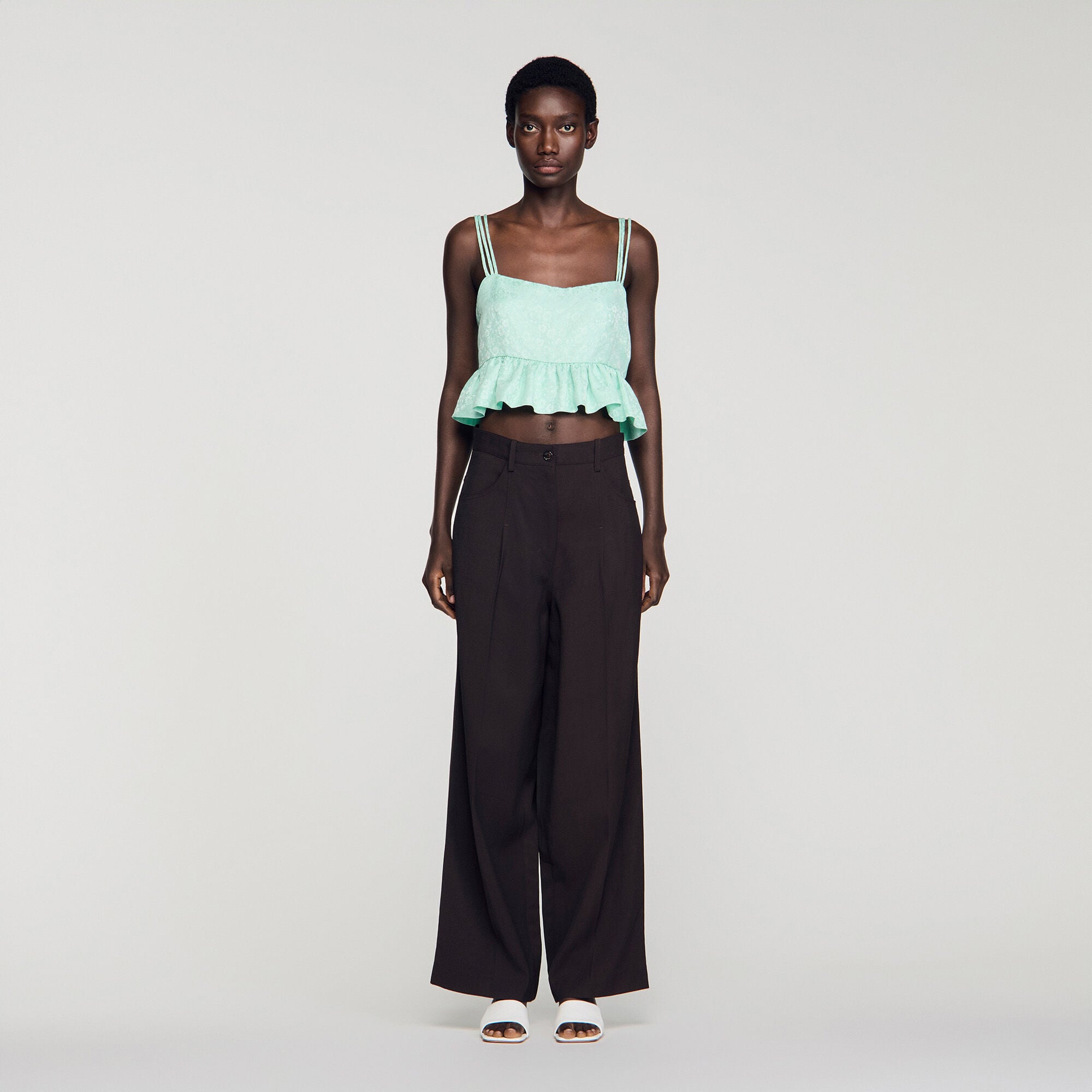 Floral jacquard ruffle crop top