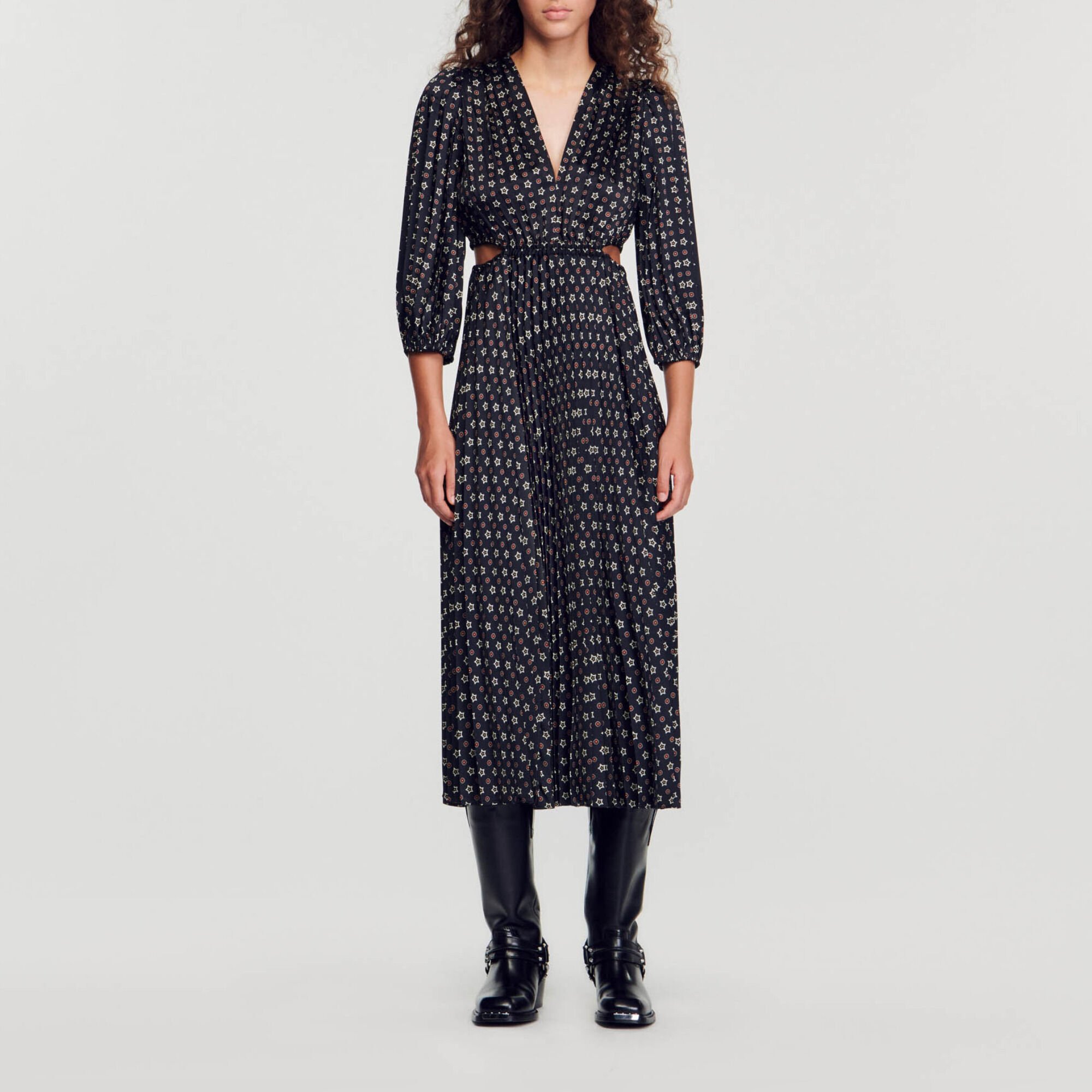 Long printed dress with pleats