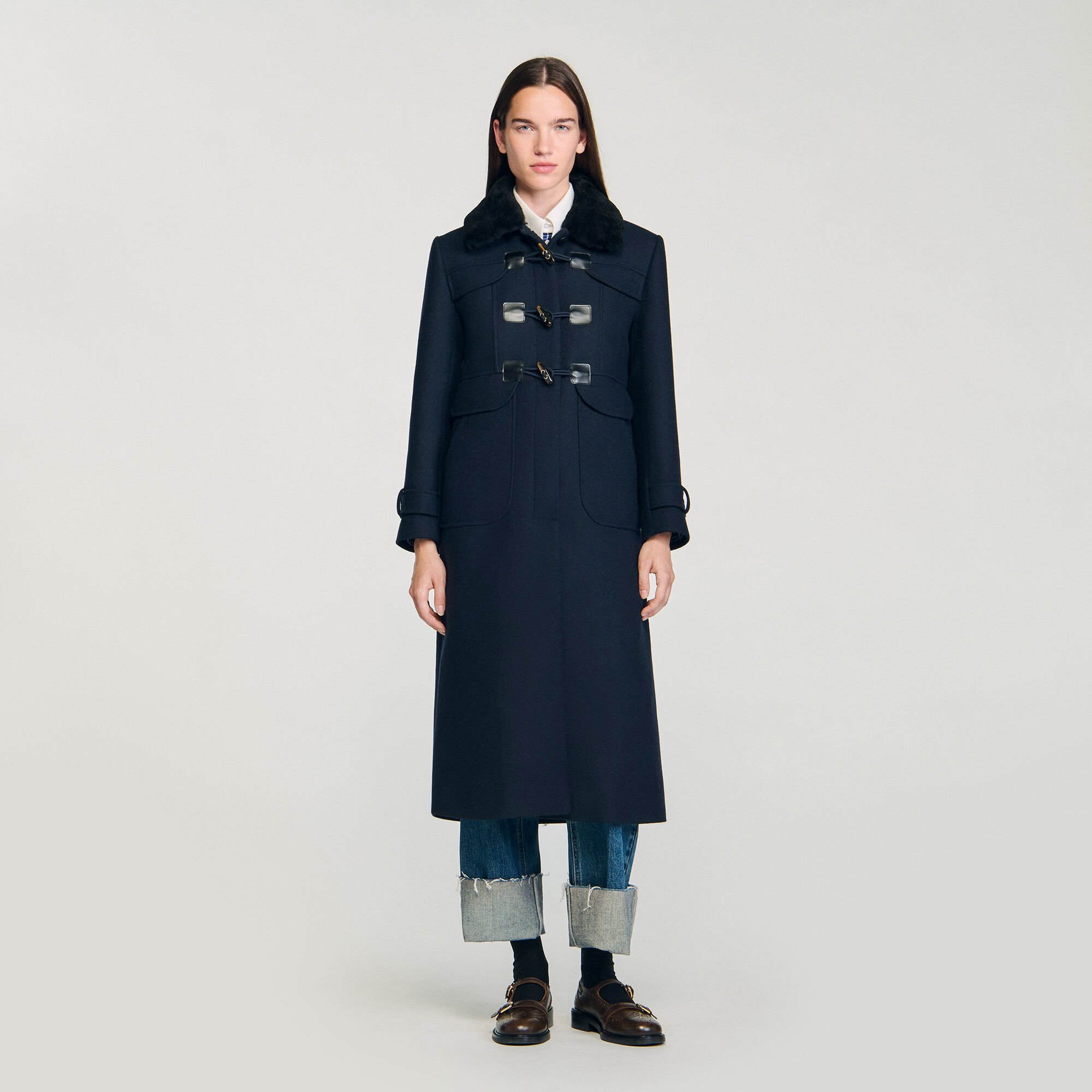 Coat with removable shearling collar
