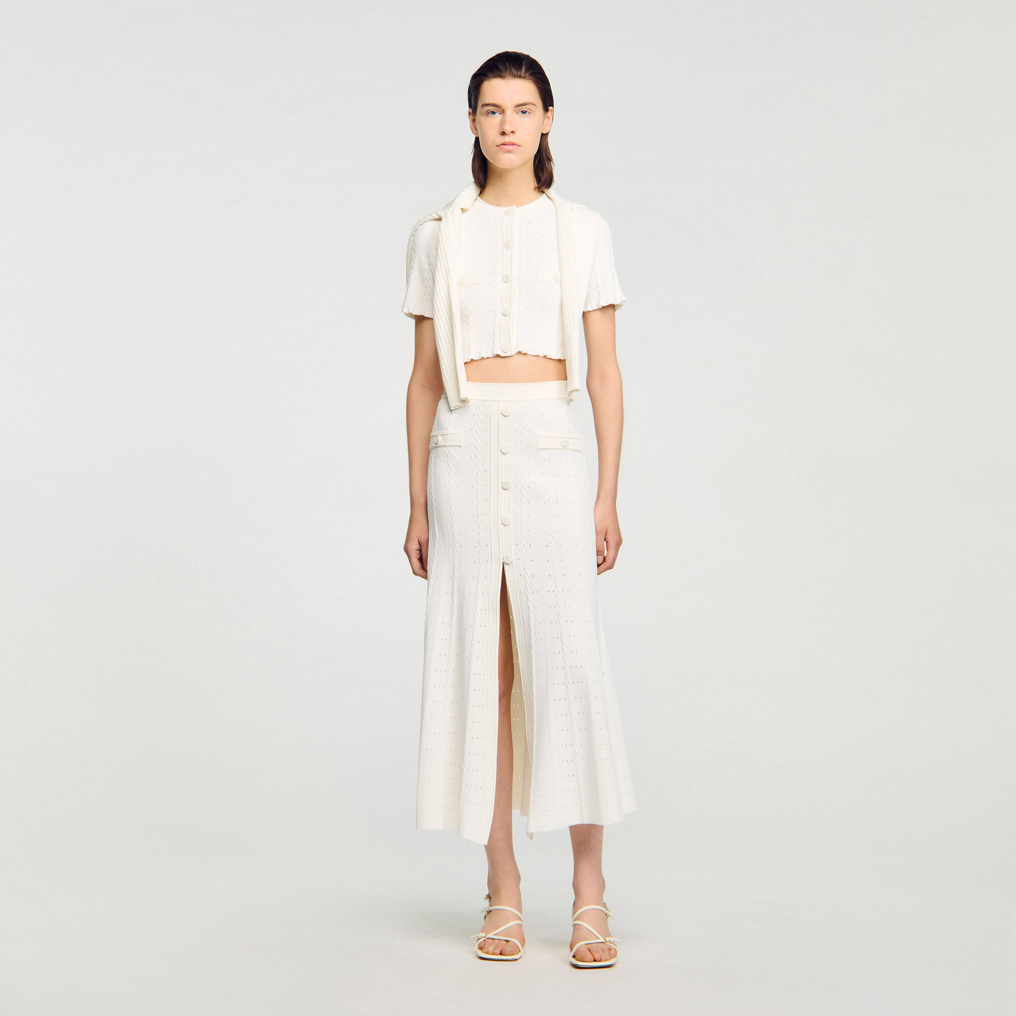 Pointelle knit midi skirt white / beige For Women | Sandro Paris