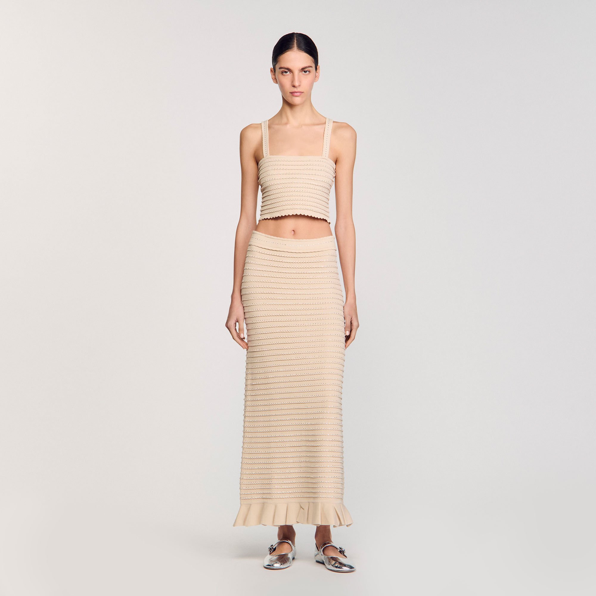 Rhinestone knit crop top white / beige For Women | Sandro Paris