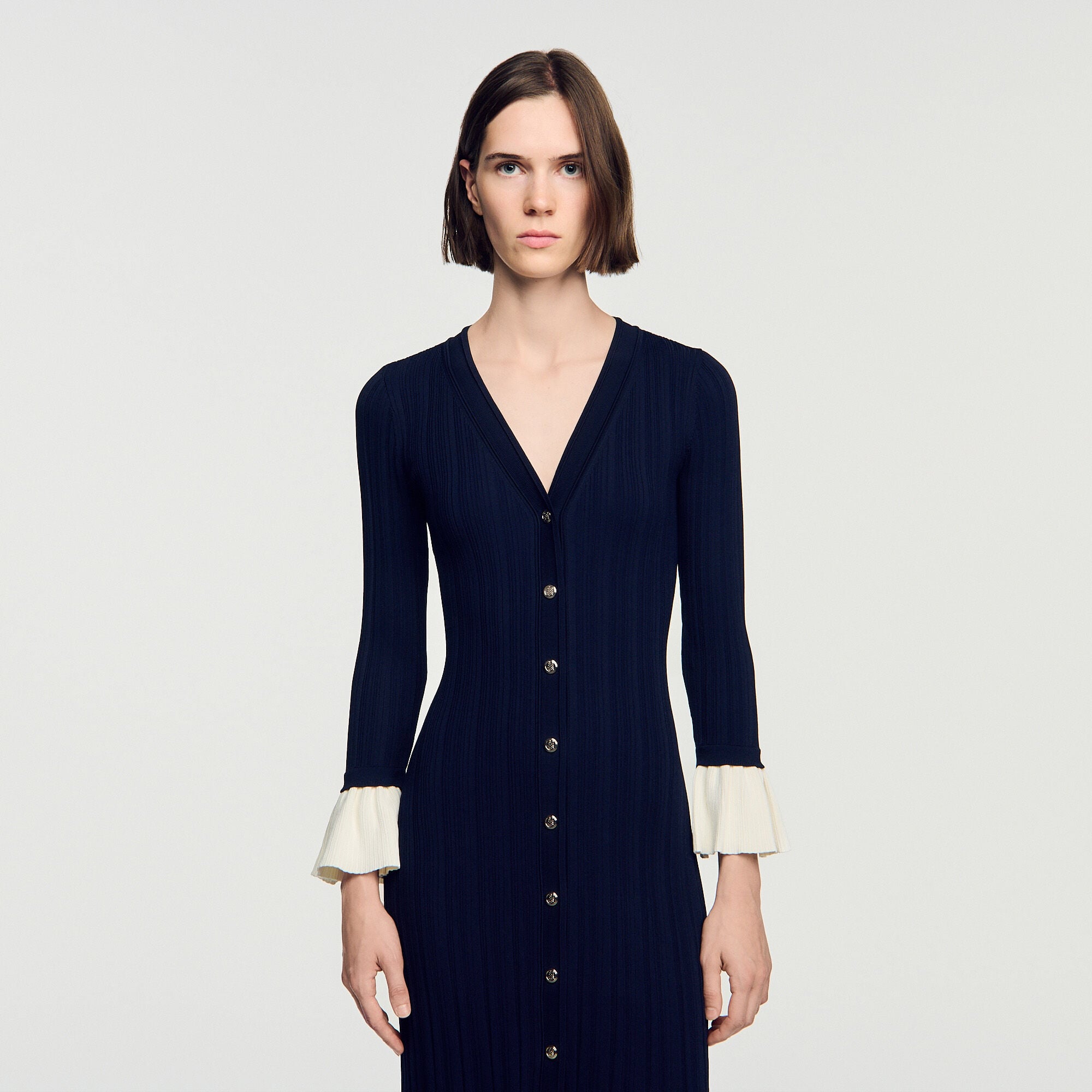 Two-tone knit midi dress in Navy Blue for Women | Sandro Paris