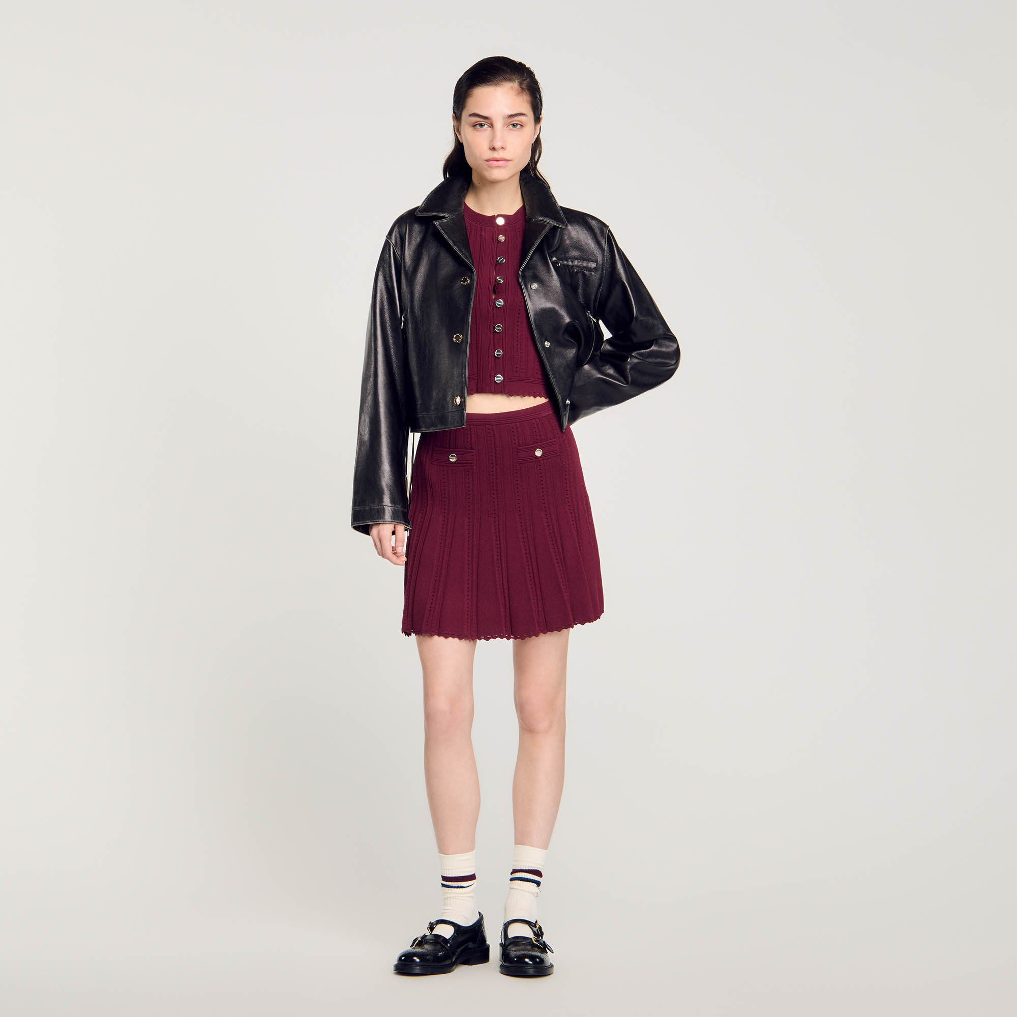 Cable knit cardigan red For Women | Sandro Paris