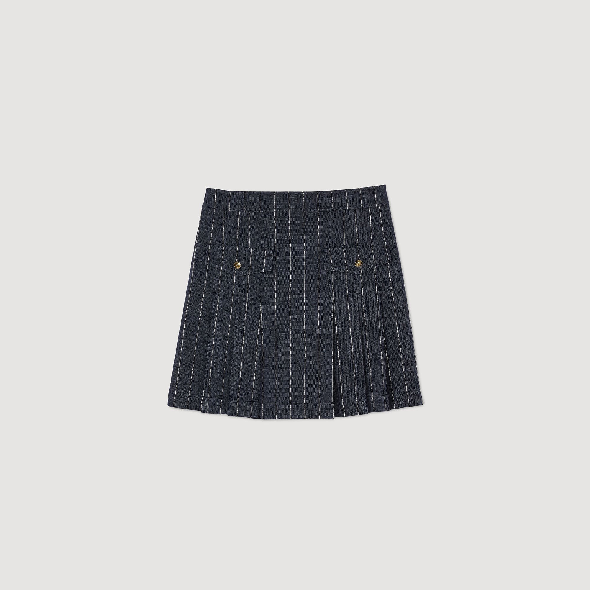 【海外限定】Sandroスカート☆Drawstring-Waist Pleated Checked Long pleated denim skirt black / gray For Women | Sandro Paris