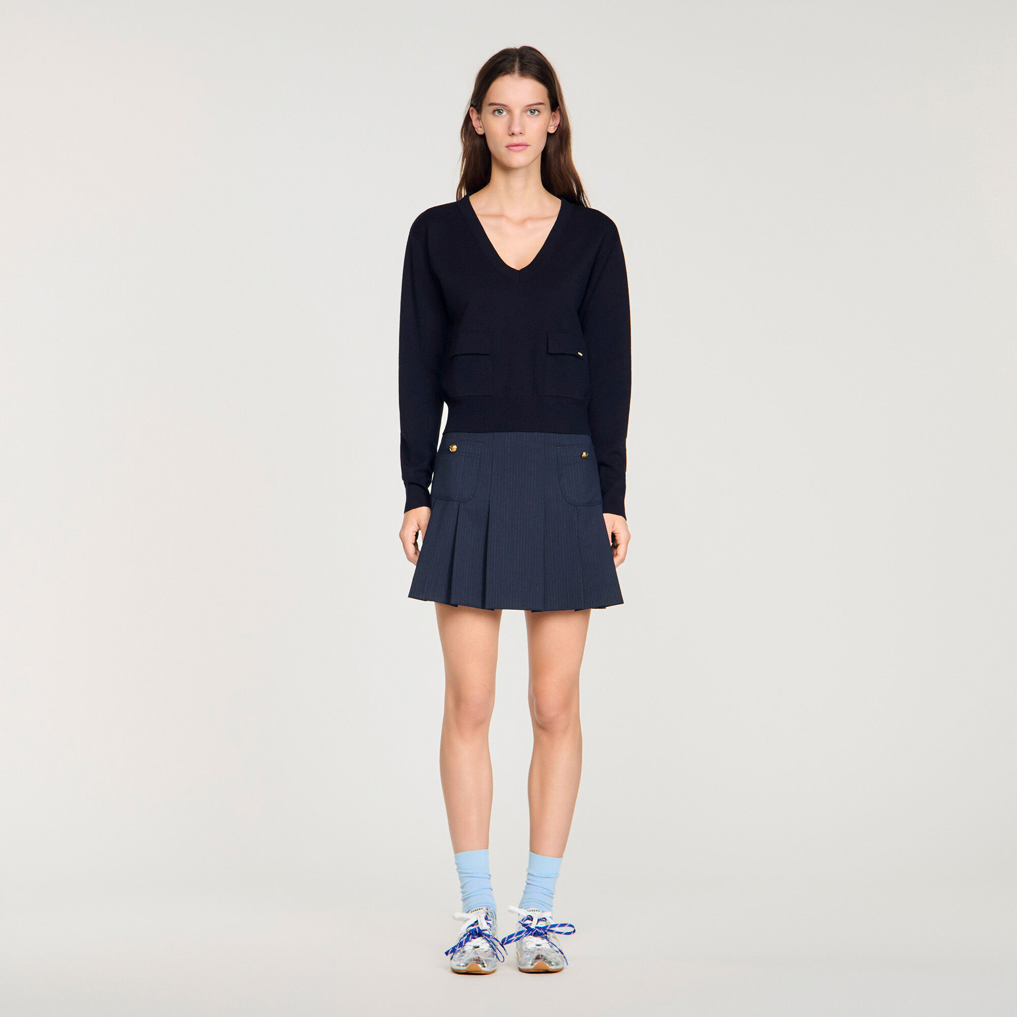 V-neck wool sweater blue For Women | Sandro Paris